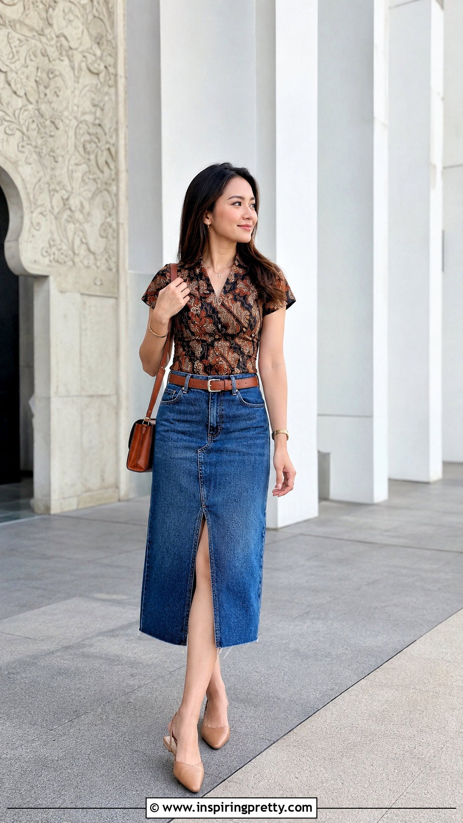 Batik Top With Denim Midi Skirt - 50 batik top outfit ideas