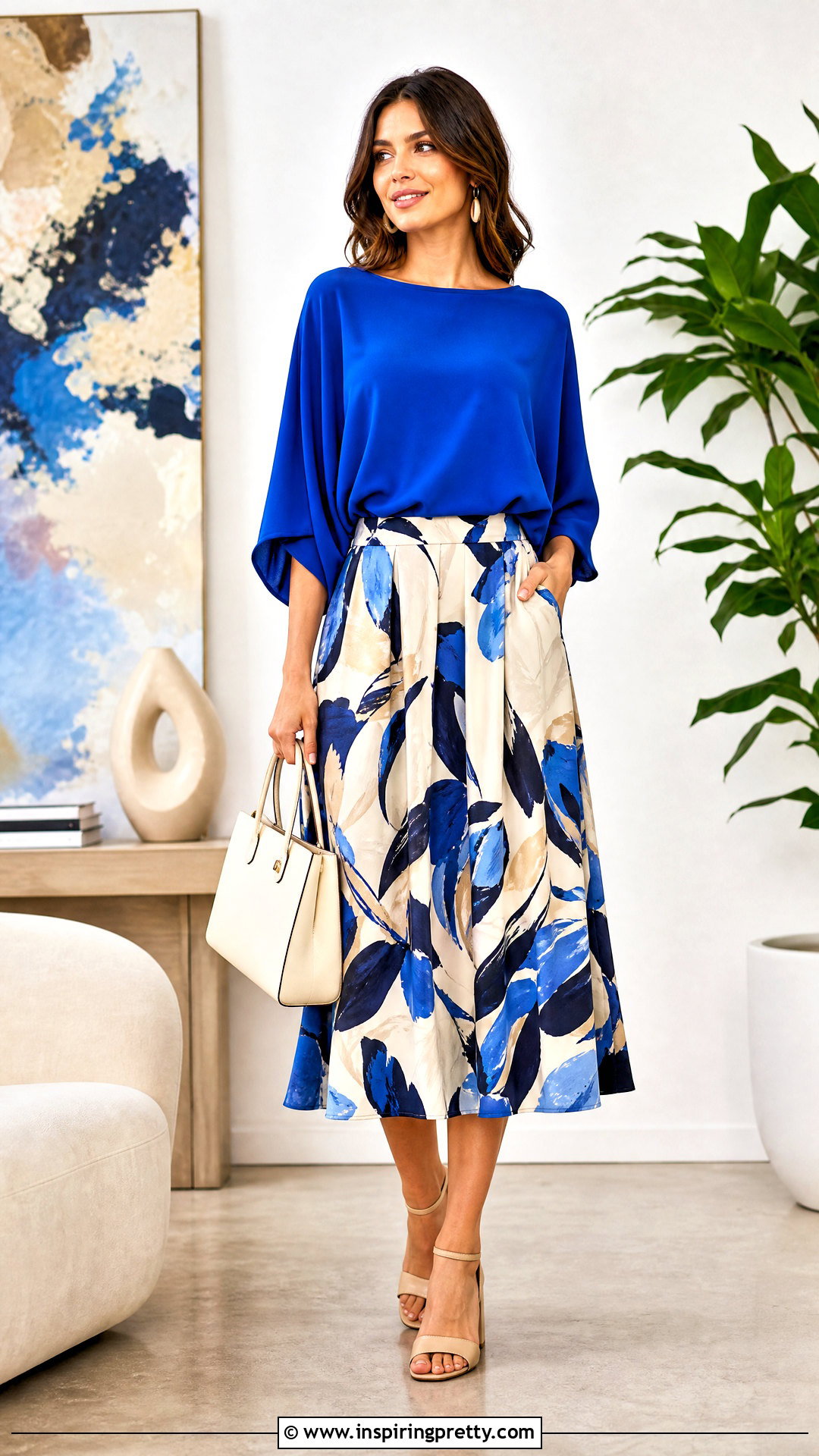 Batwing Top With Printed Midi Skirt - 50 batwing top outfit ideas