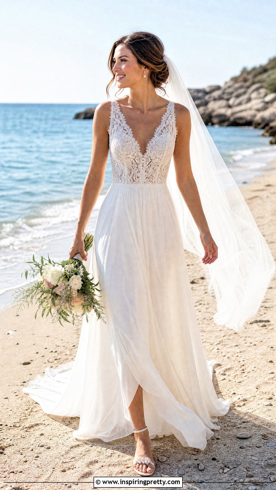 Beach Lace Top Chiffon Wedding Dress - 25 lace top flowy bottom wedding dress outfit ideas