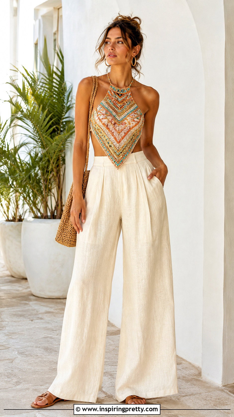 Beaded Backless Halter Top With Linen Pants - 20 beaded backless halter top outfit ideas