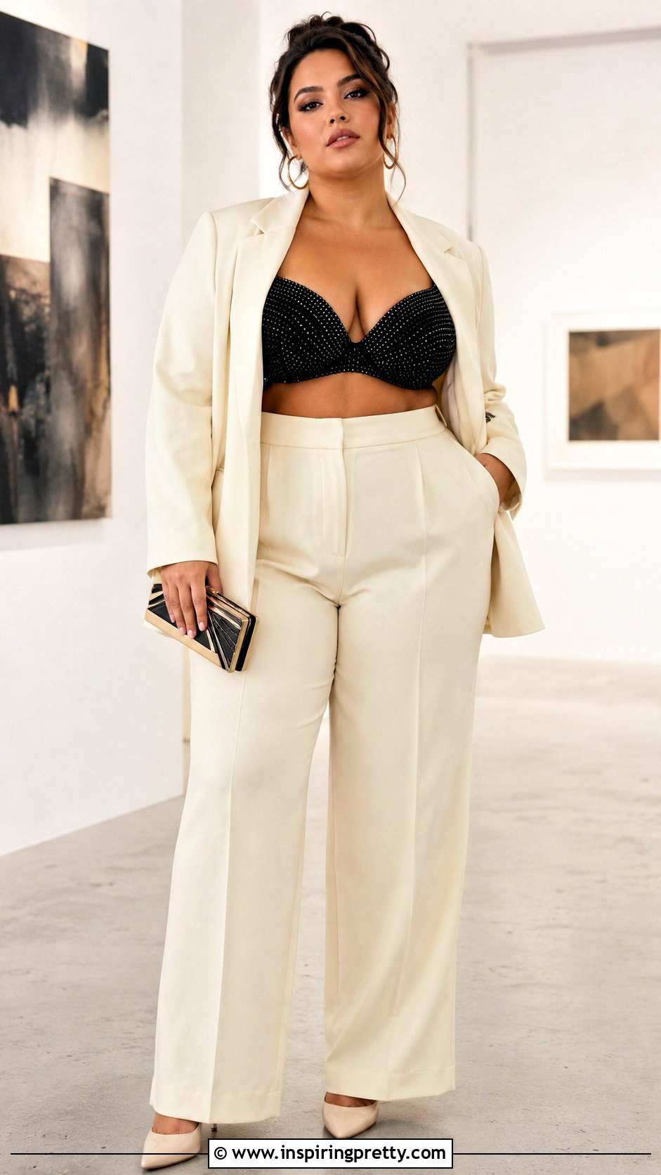 Beaded Bra Top With High Waisted Suit - 20 fancy bra tops outfit ideas