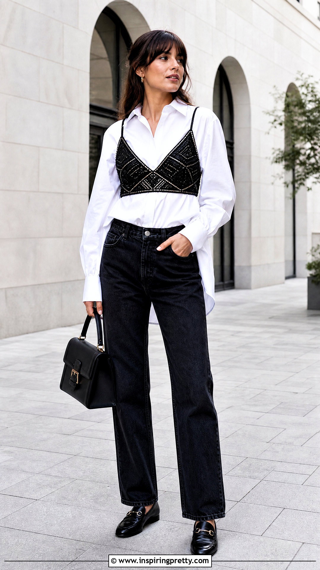 Beaded Bralette Crop Top Over A White Button Down Shirt - 20 beaded bralette crop top outfit ideas