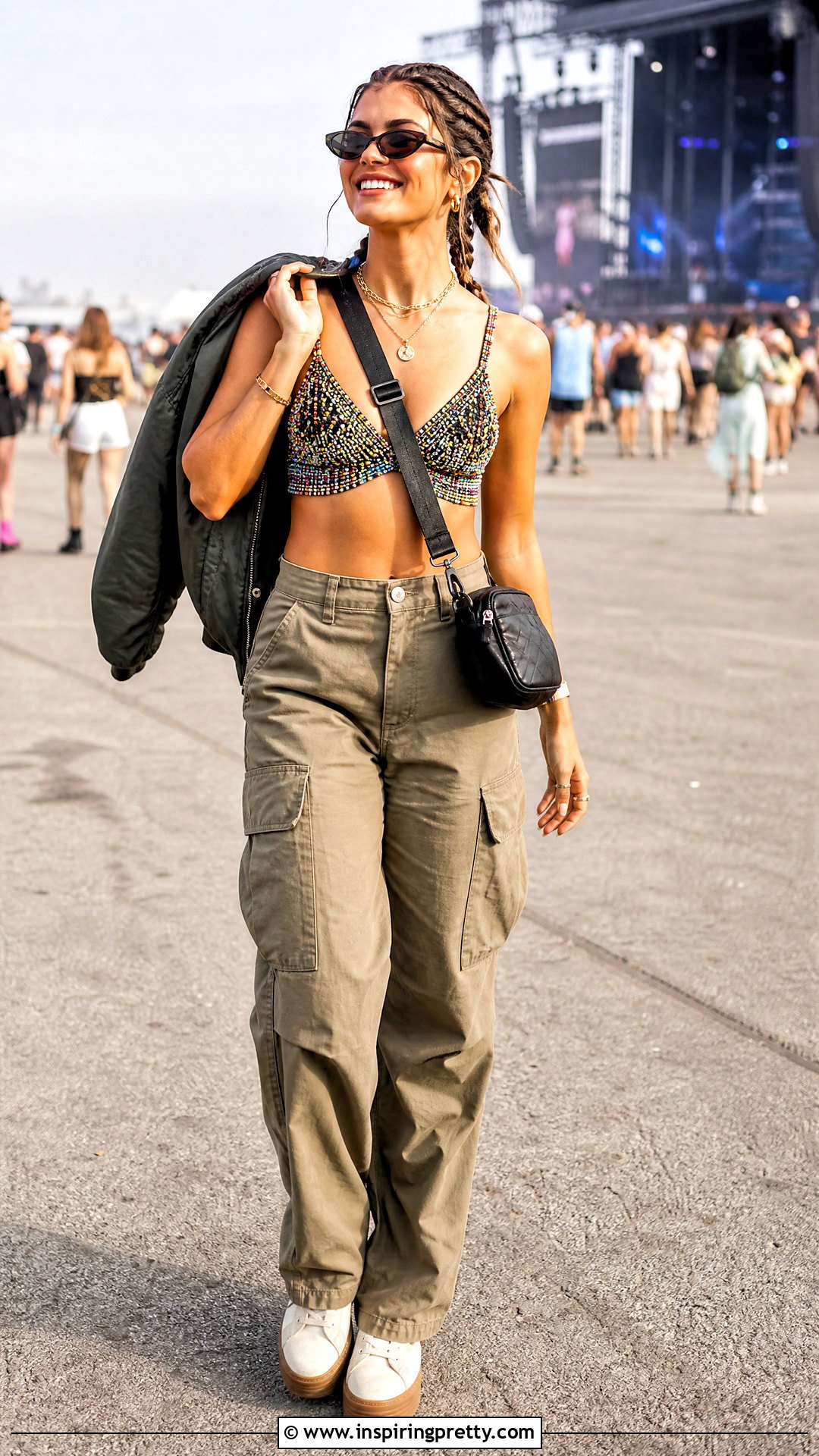 Beaded Bralette Crop Top With Cargo Pants - 20 beaded bralette crop top outfit ideas