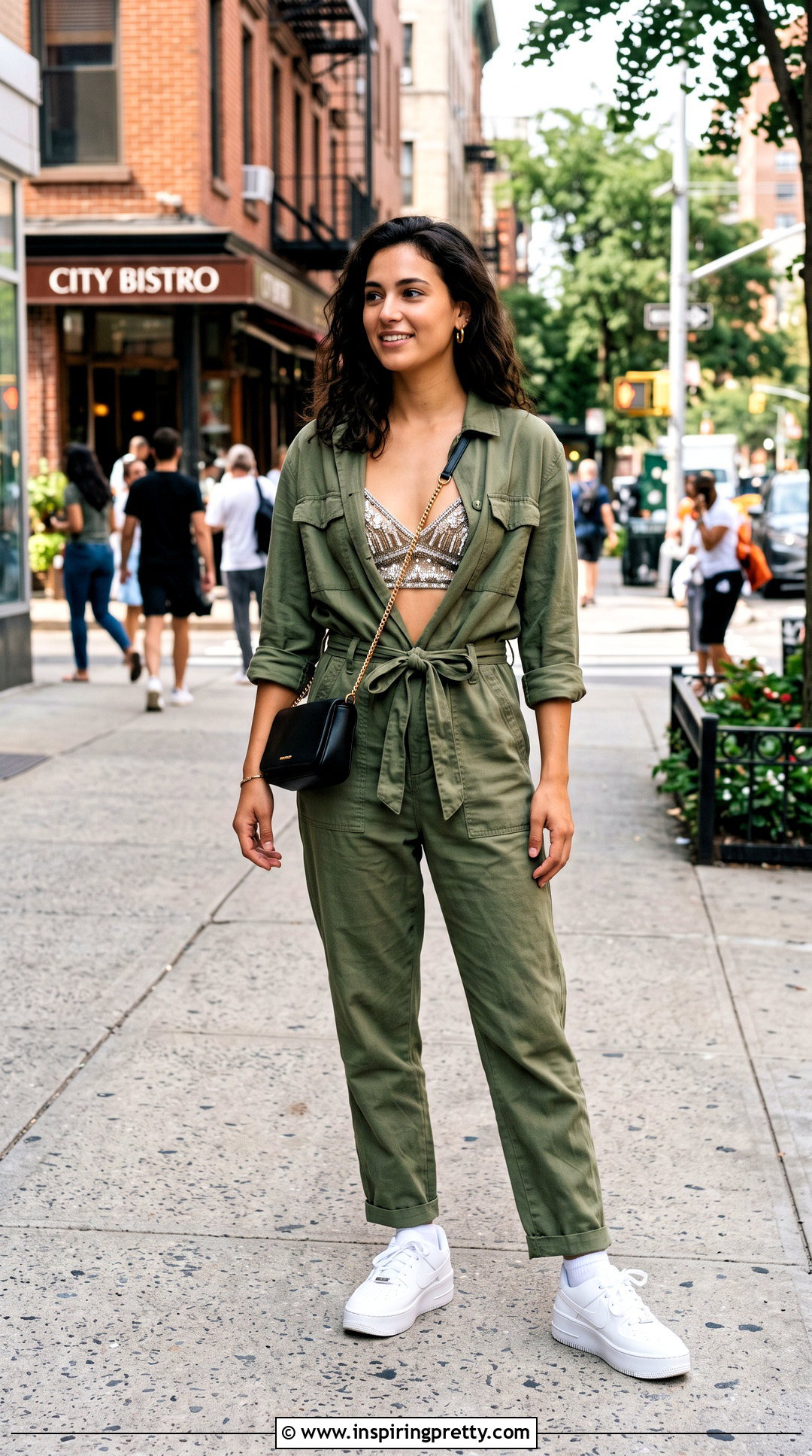 Beaded Bralette Crop Top With Open Utility Jumpsuit - 20 beaded bralette crop top outfit ideas