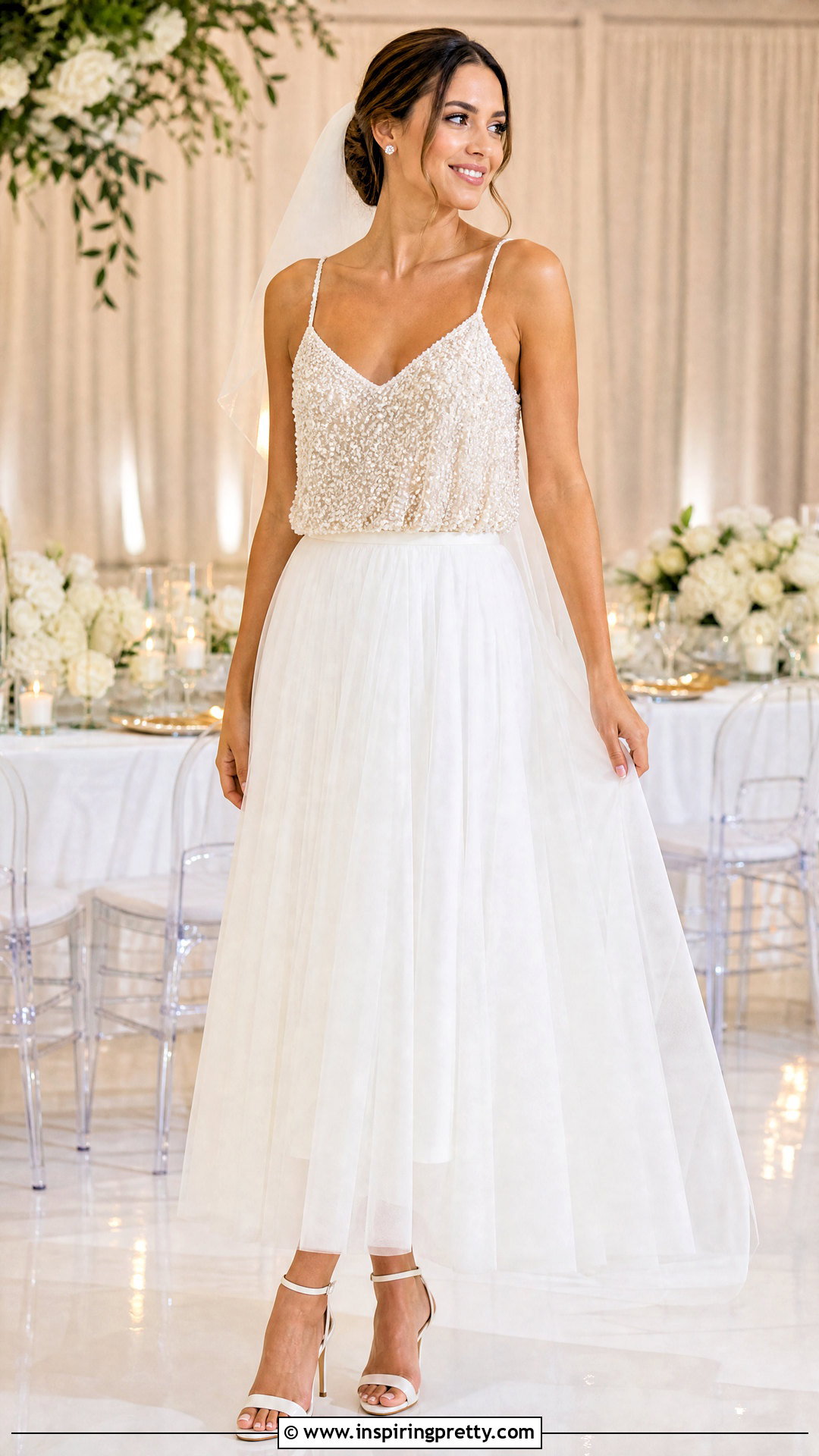 Beaded Bridal Cami Top With Tulle Skirt - 20 Bridal Cami Top outfit ideas