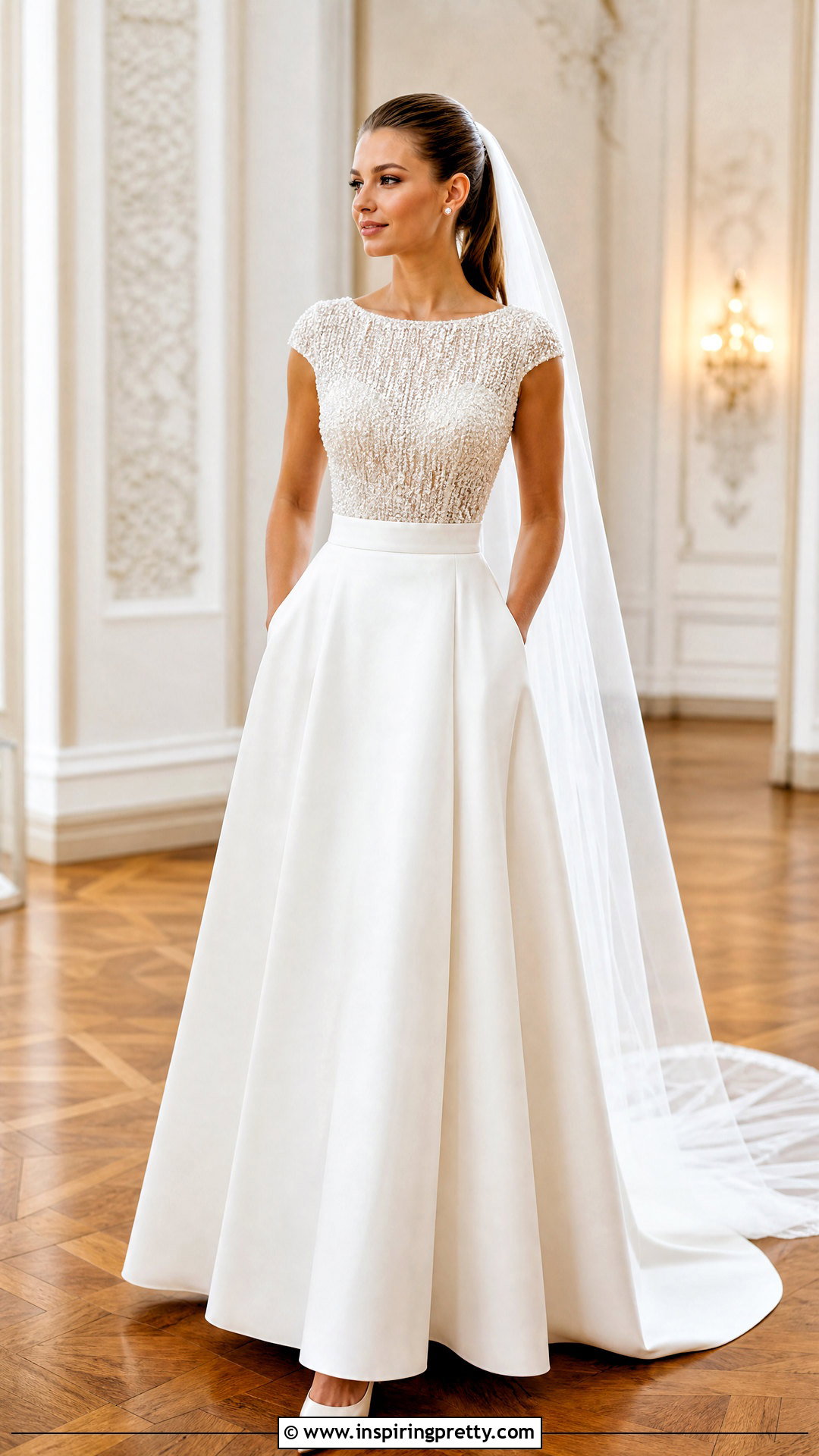 Beaded Bridal Top With Simple Satin Skirt - 20 bride skirt and top outfit ideas