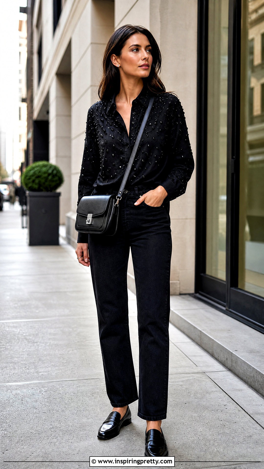 Beaded Button Down Shirt With Black Jeans - 50 beaded top outfit ideas