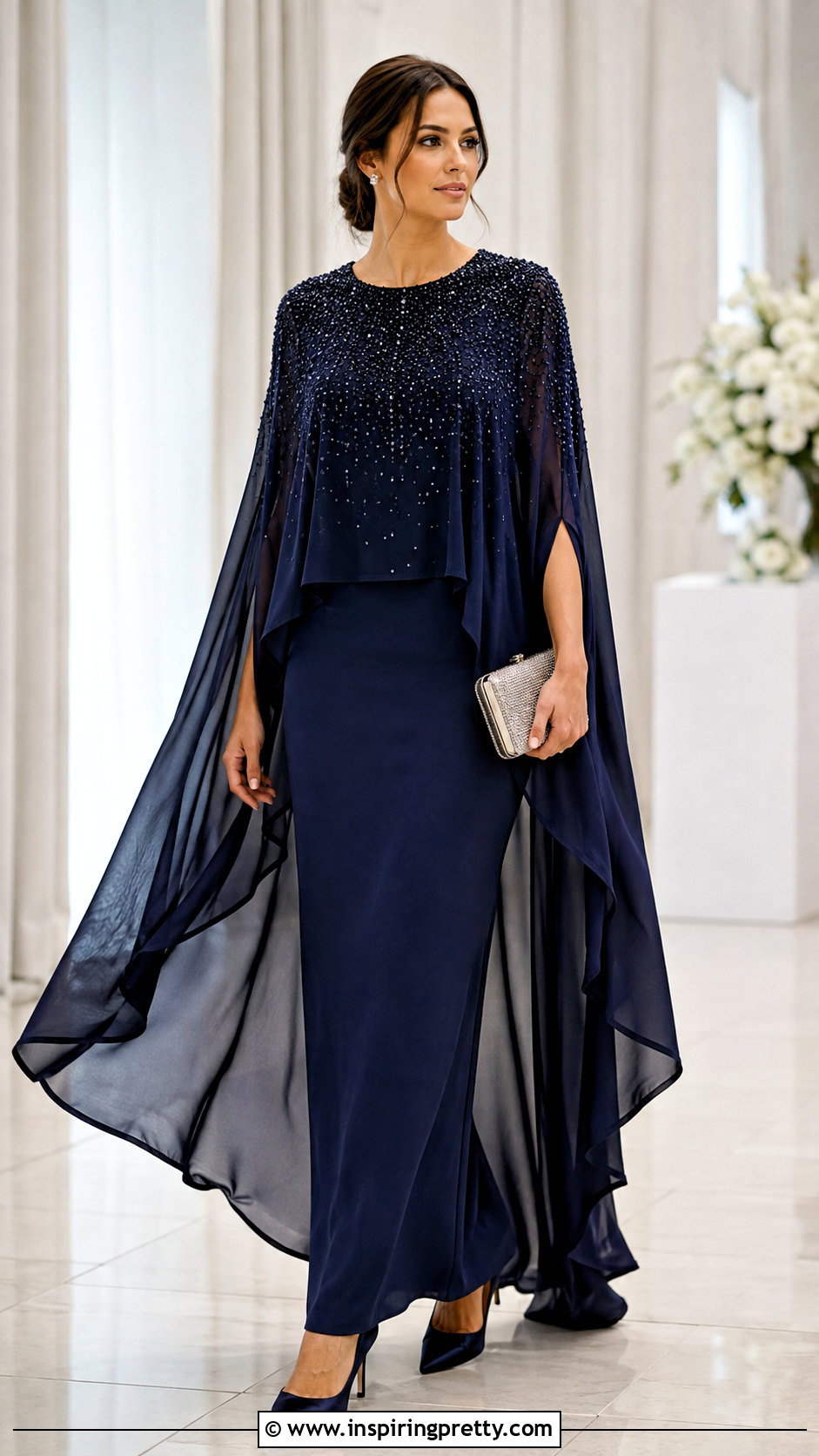 Beaded Cape Top With Column Skirt - 25 Beaded Embellished Top outfit ideas