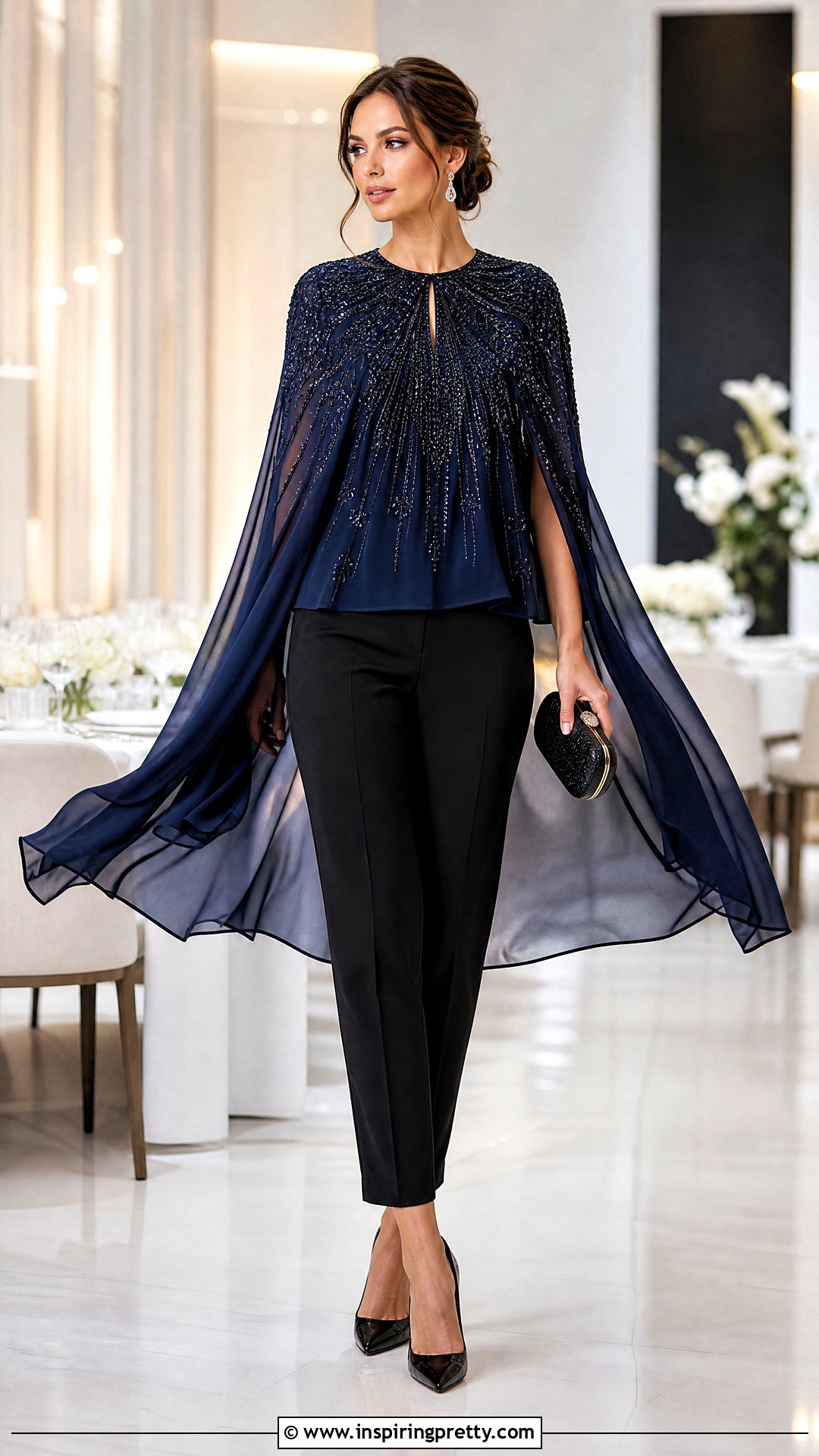 Beaded Cape Top With Slim Trousers - 50 beaded top outfit ideas