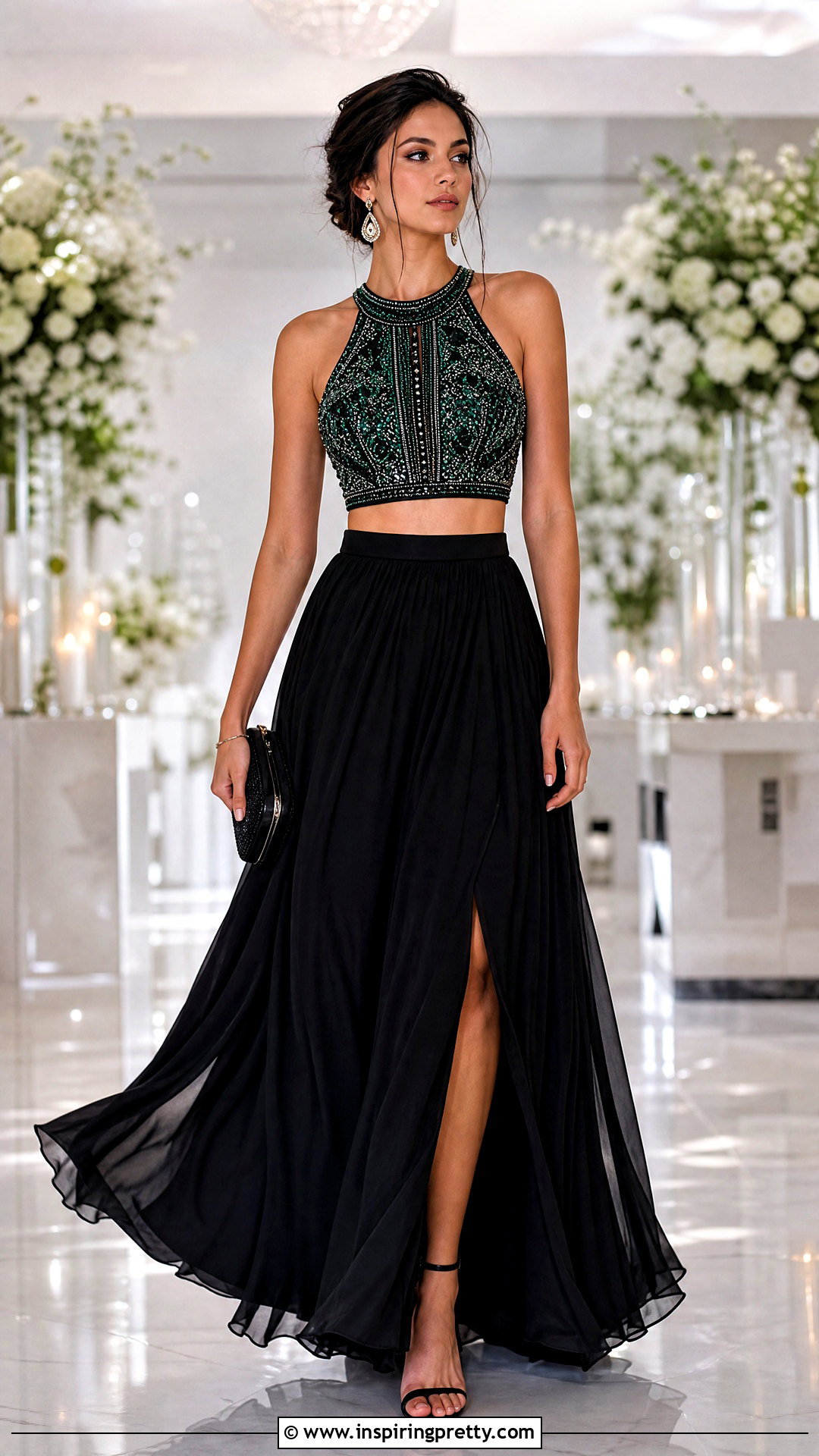 Beaded Crop Top With High Waist Maxi Skirt - 50 beaded tops outfit ideas
