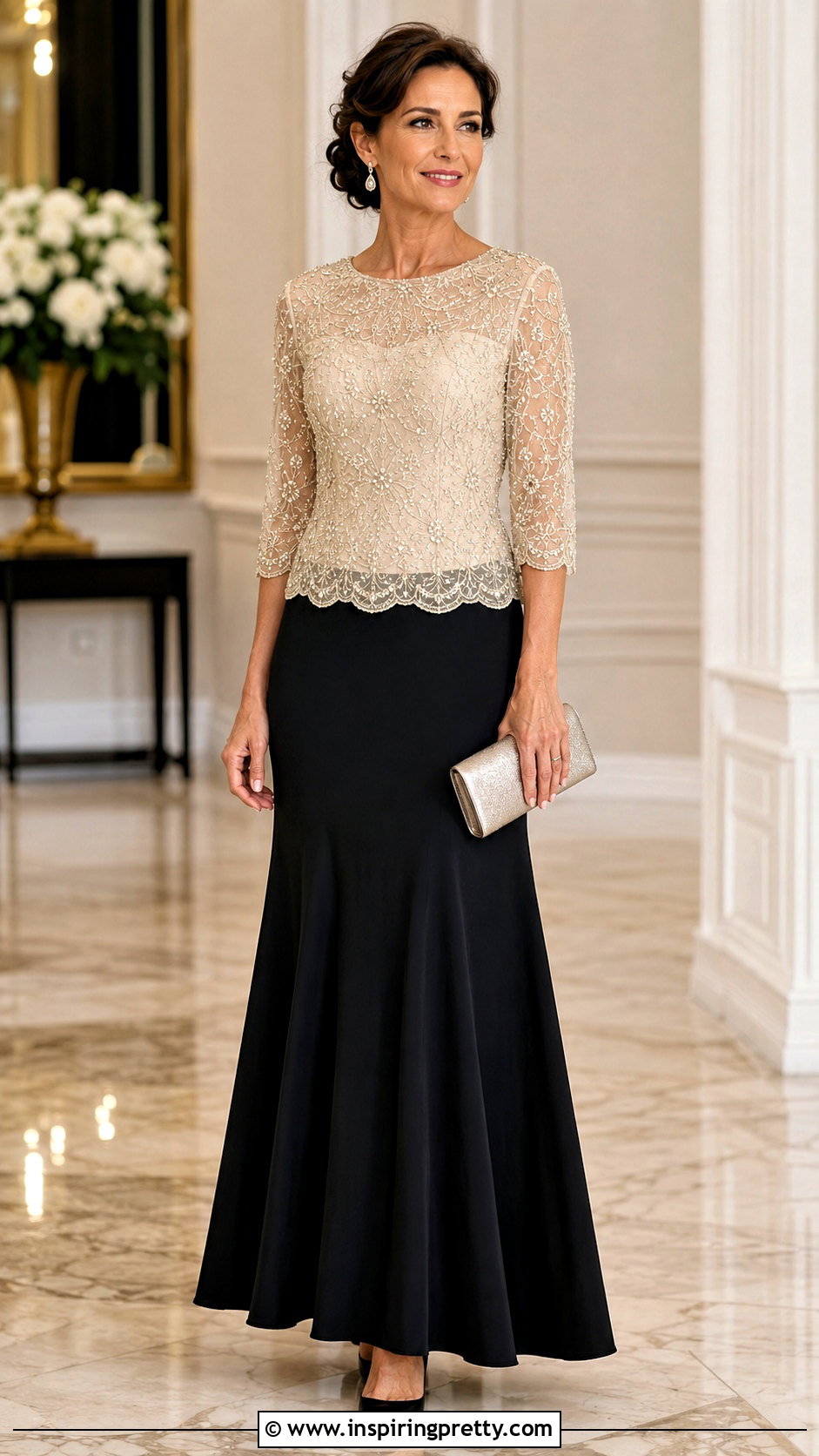 Beaded Formal Blouse With Long Black Skirt - 50 formal tops outfit ideas