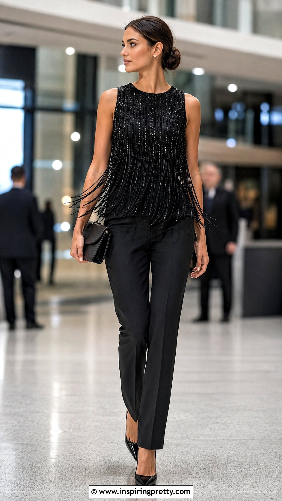 Beaded Fringe Top With Black Trousers - 25 Beaded Embellished Top outfit ideas