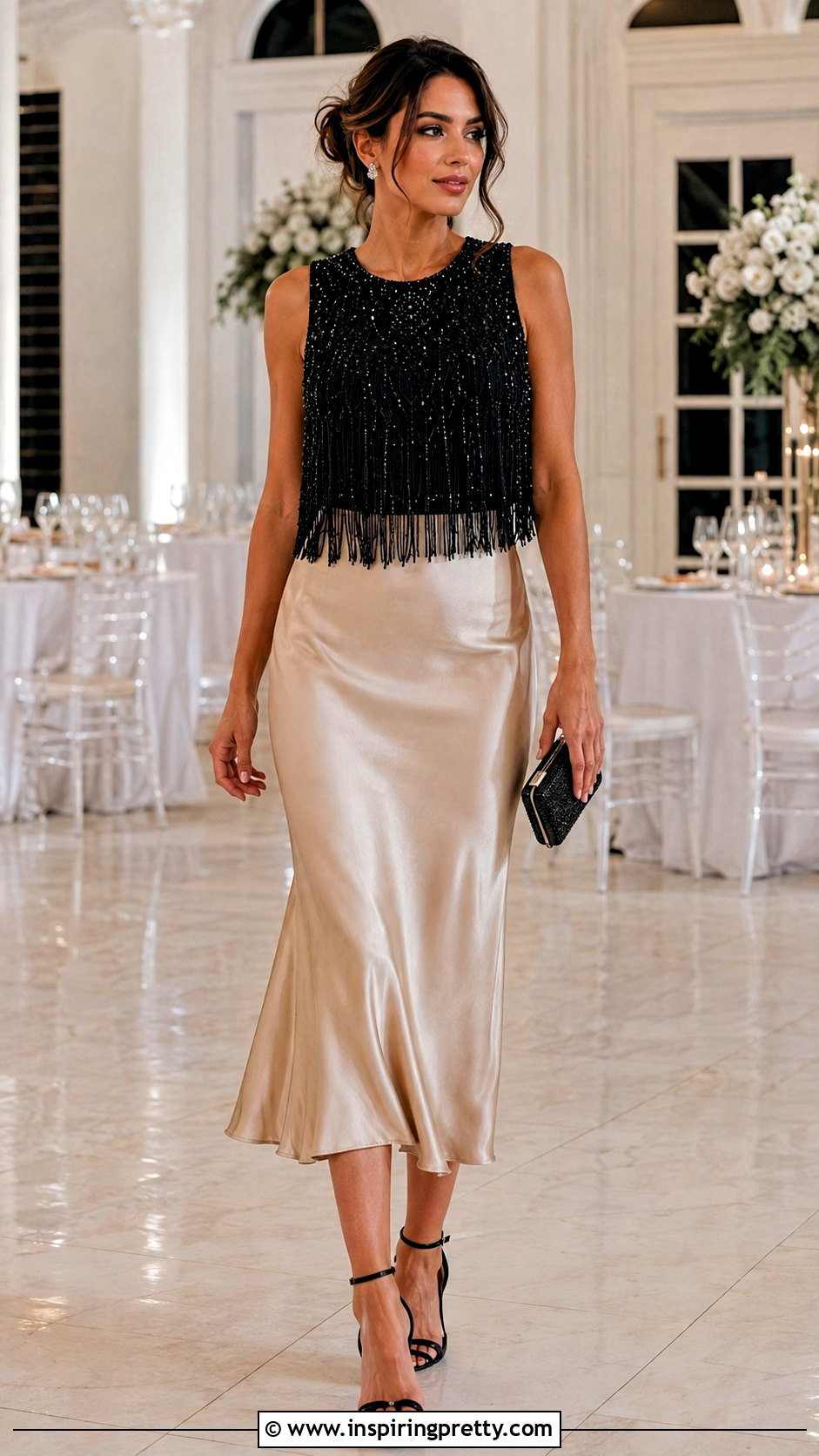 Beaded Fringe Top With Satin Midi Skirt - 50 Fringe Top outfit ideas