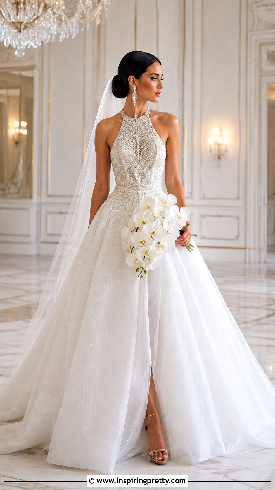 Beaded Halter Ball Gown Wedding Dress With Crystal Earrings - 25 Halter Top Ball Gown Wedding Dress outfit ideas