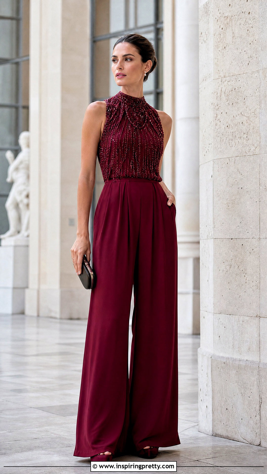 Beaded High Neck Top With Palazzo Pants - 50 beaded top outfit ideas