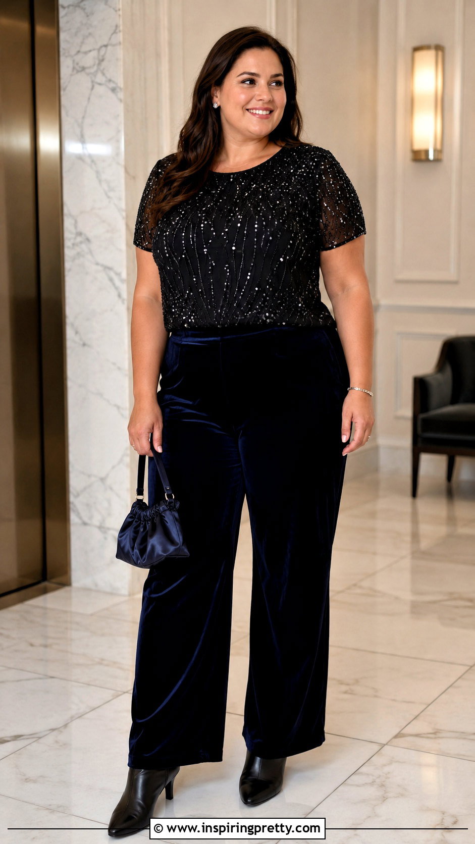 Beaded Holiday Top With Velvet Pants - 20 cute holiday top outfit ideas