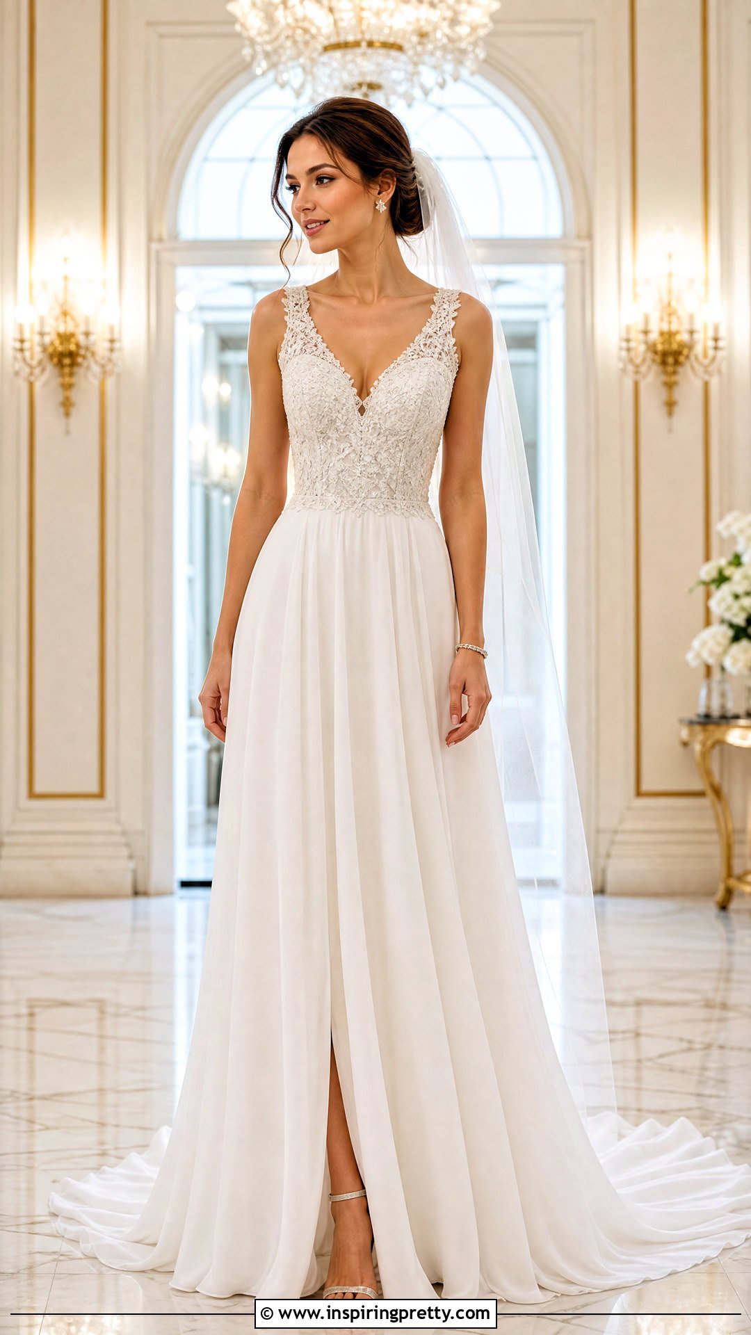 Beaded Lace Top Chiffon Wedding Dress - 25 lace top flowy bottom wedding dress outfit ideas