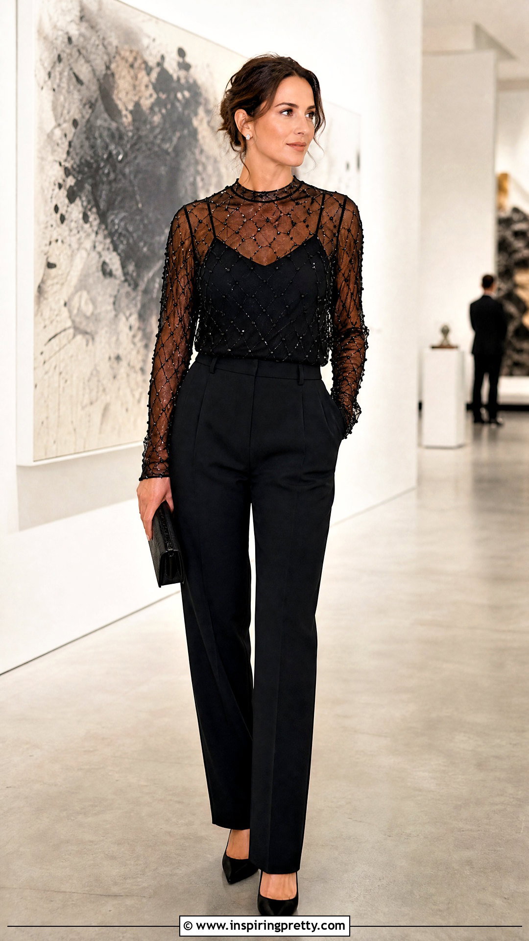 Beaded Mesh Top With Black Camisole And Trousers - 50 beaded top outfit ideas