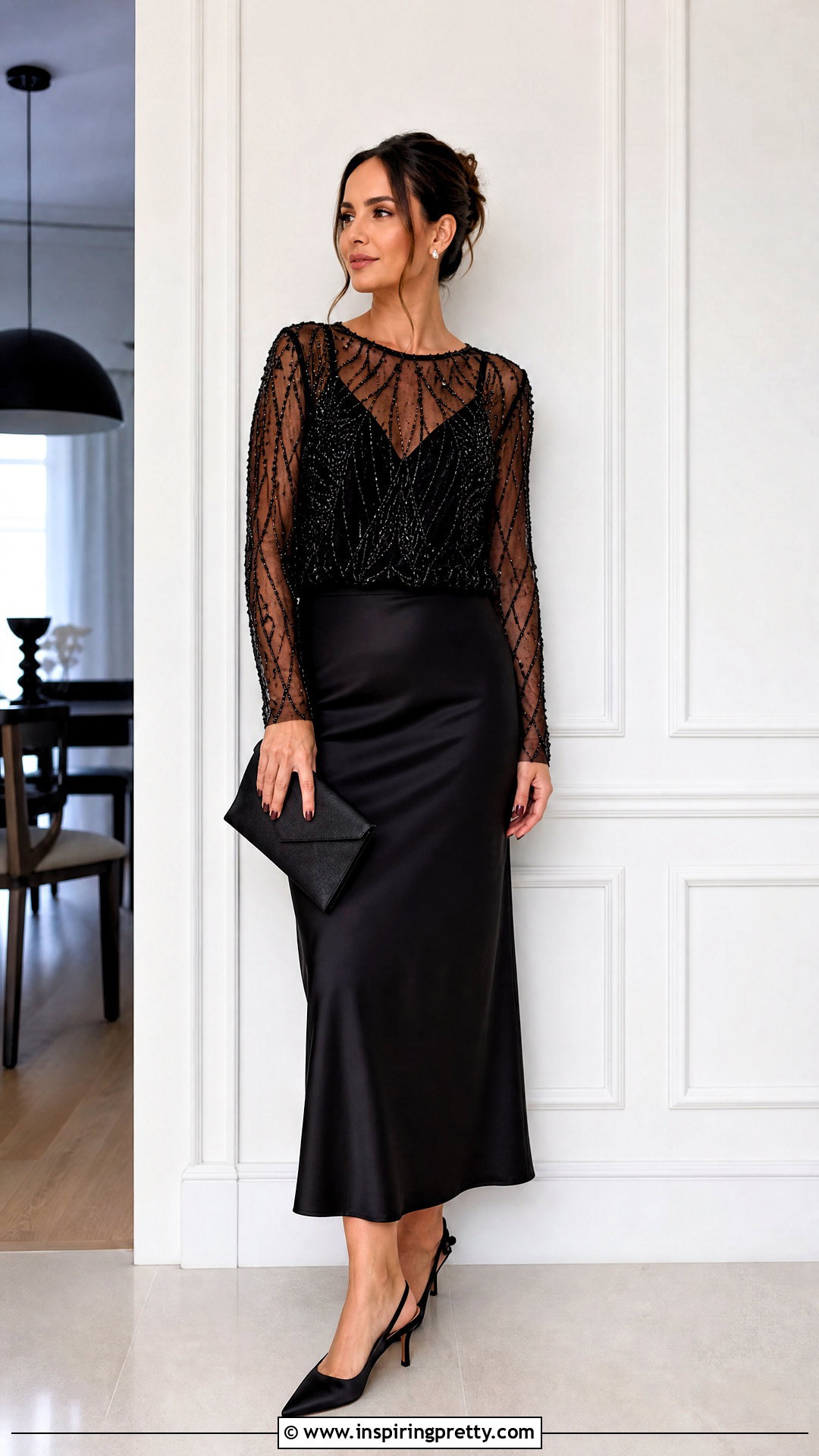 Beaded Mesh Top With Satin Slip Skirt - 50 beaded tops outfit ideas