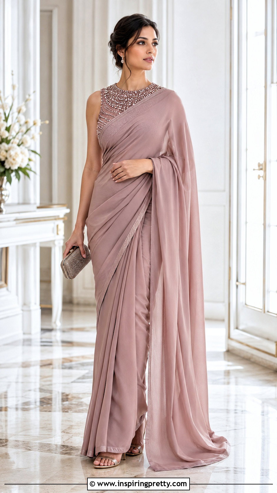 Beaded Neck Blouse With Saree - 50 top neck designs