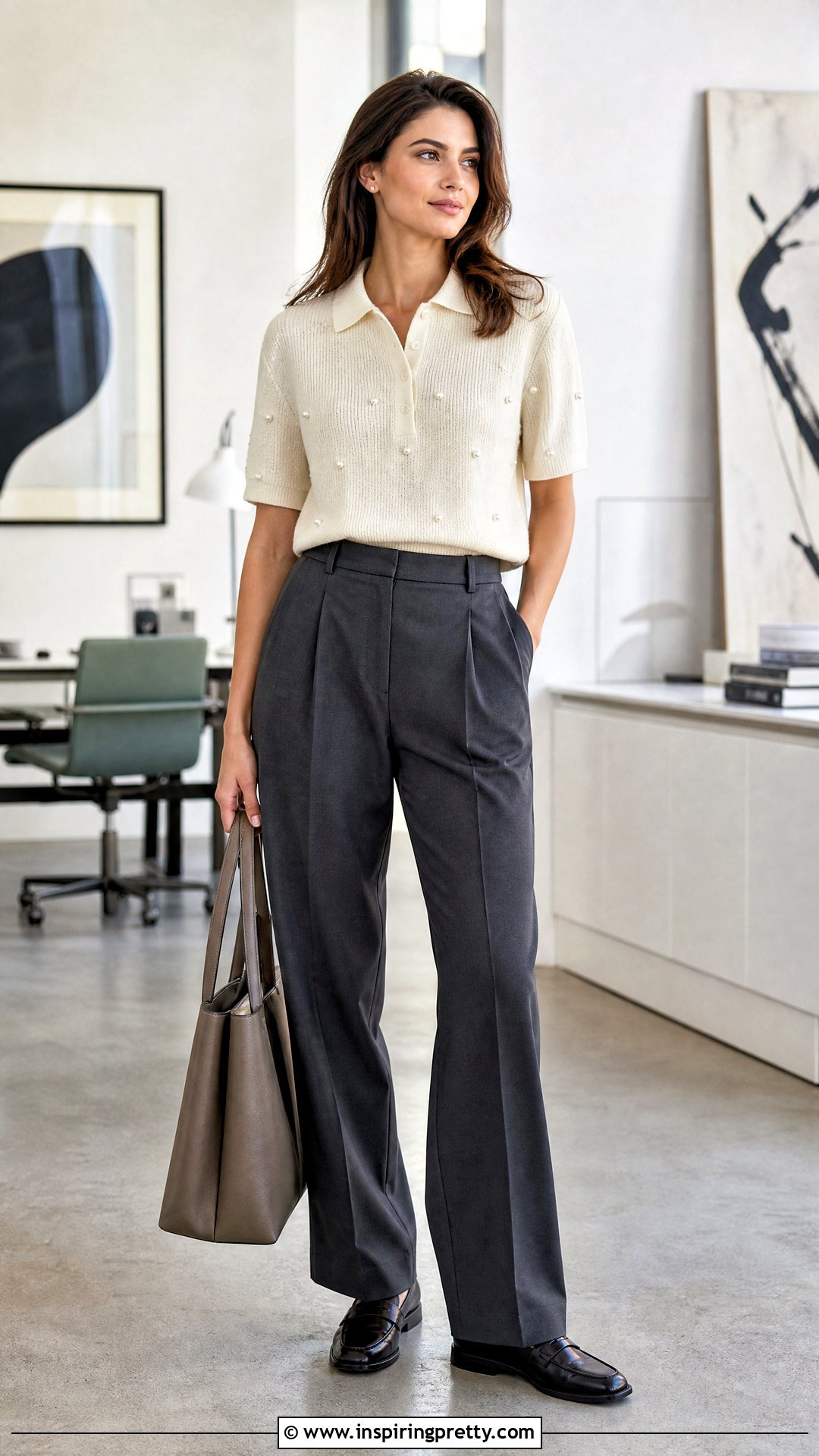 Beaded Polo Top With Pleated Trousers - 50 beaded top outfit ideas