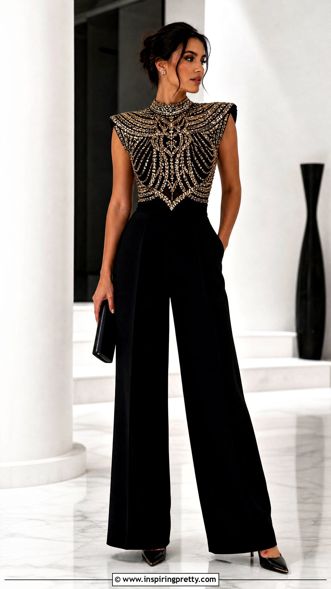 Beaded Statement Top With Monochrome Pants - 50 beaded top outfit ideas