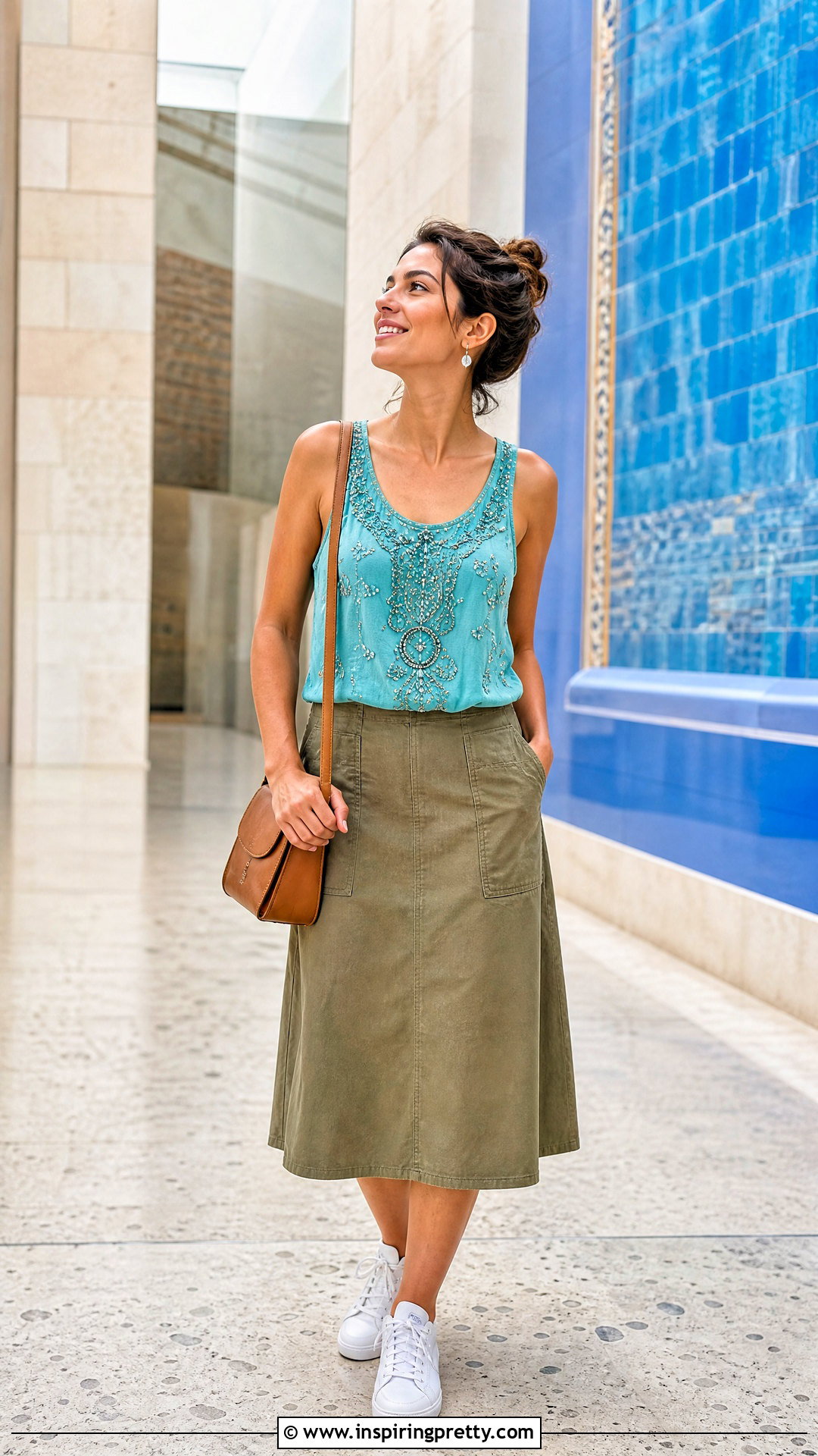 Beaded Tank Top With Khaki Midi Skirt - 50 beaded tank top outfit ideas