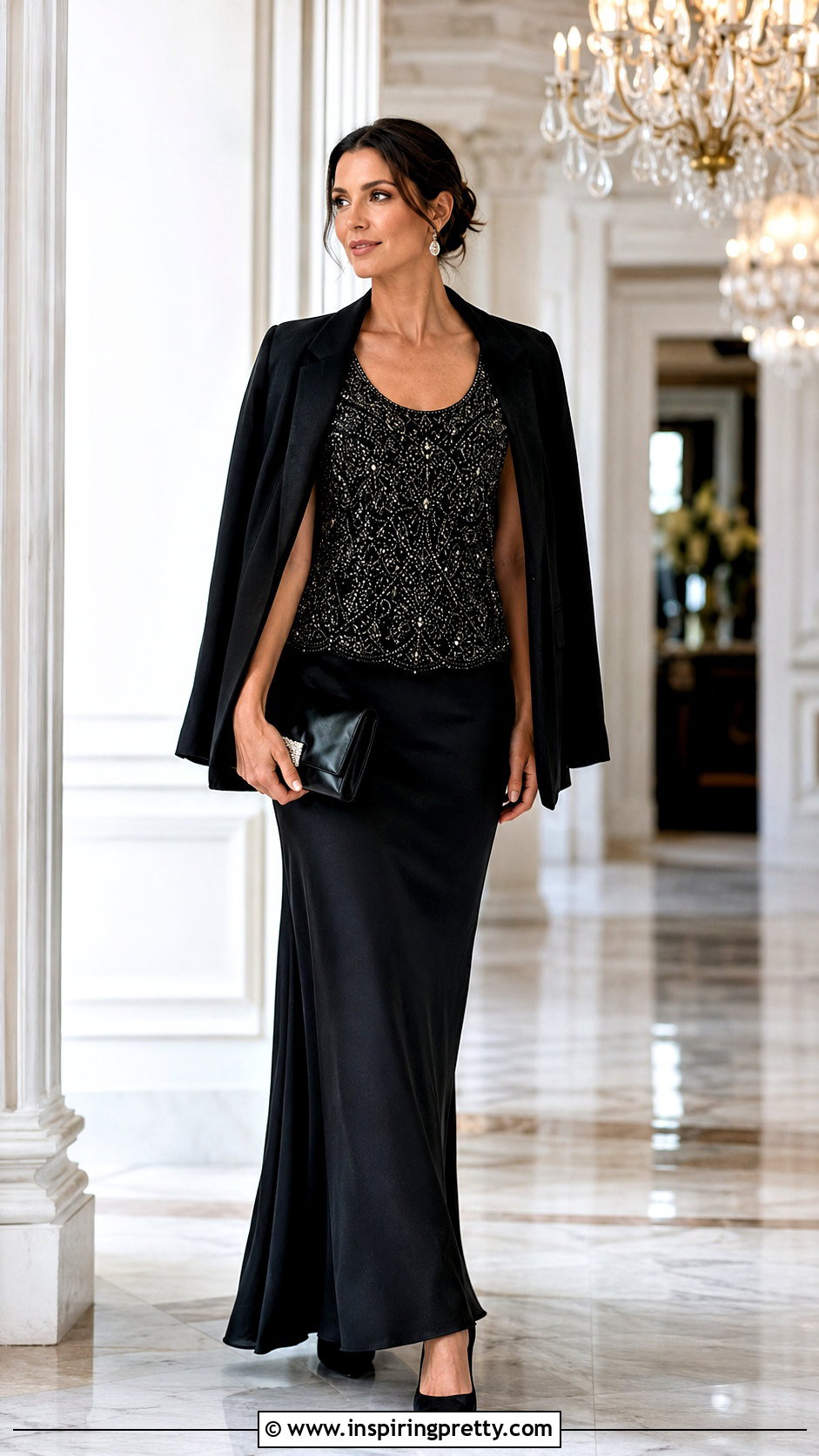 Beaded Top With Black Maxi Skirt - 50 night out tops outfit ideas