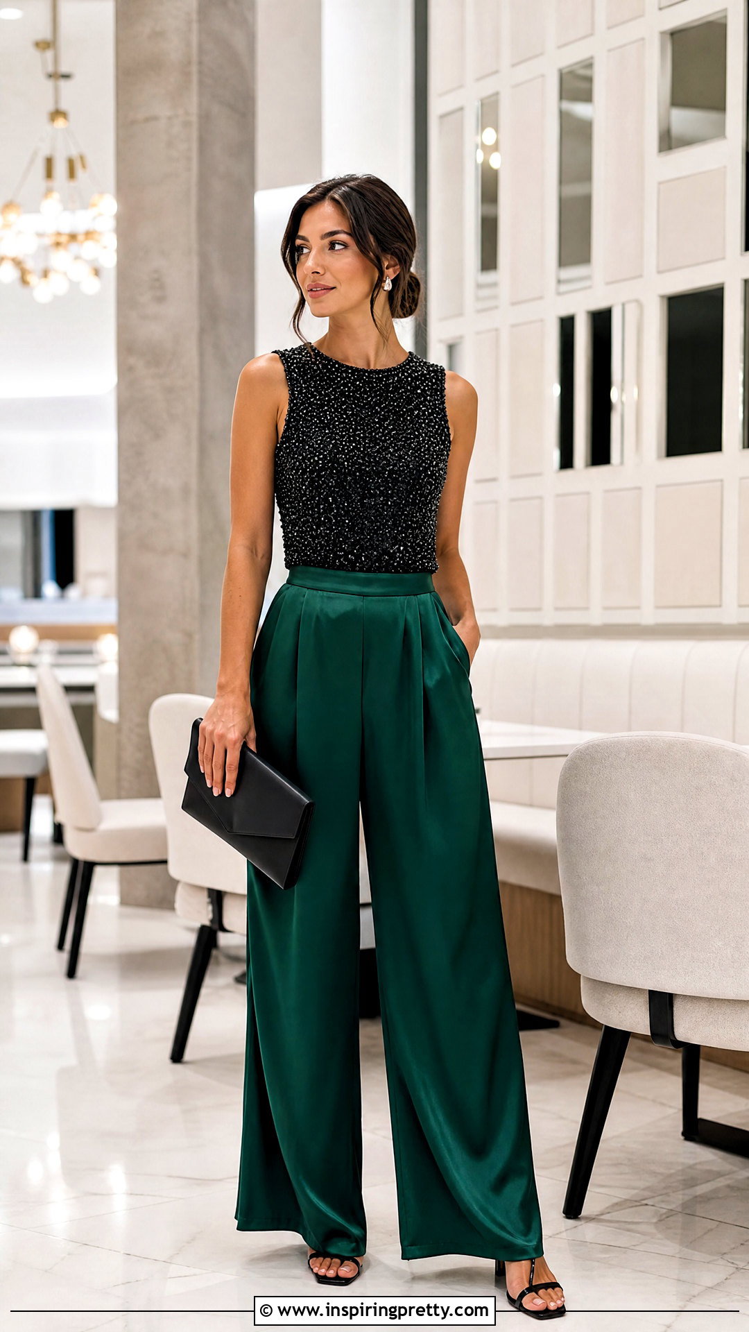 Beaded Top With Satin Wide Leg Pants - 50 beaded tops outfit ideas