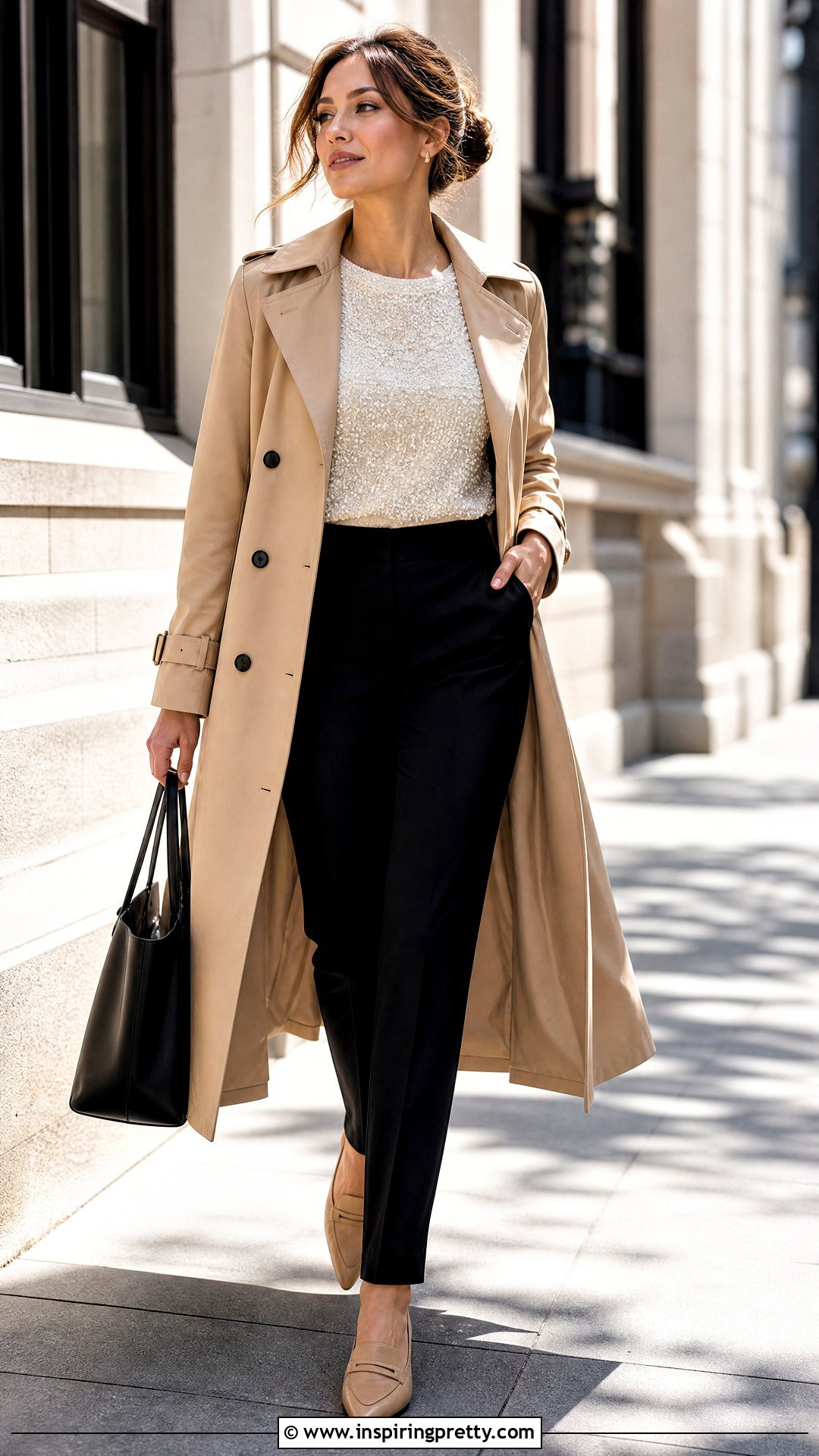 Beaded Top With Trench Coat And Trousers - 50 beaded tops outfit ideas