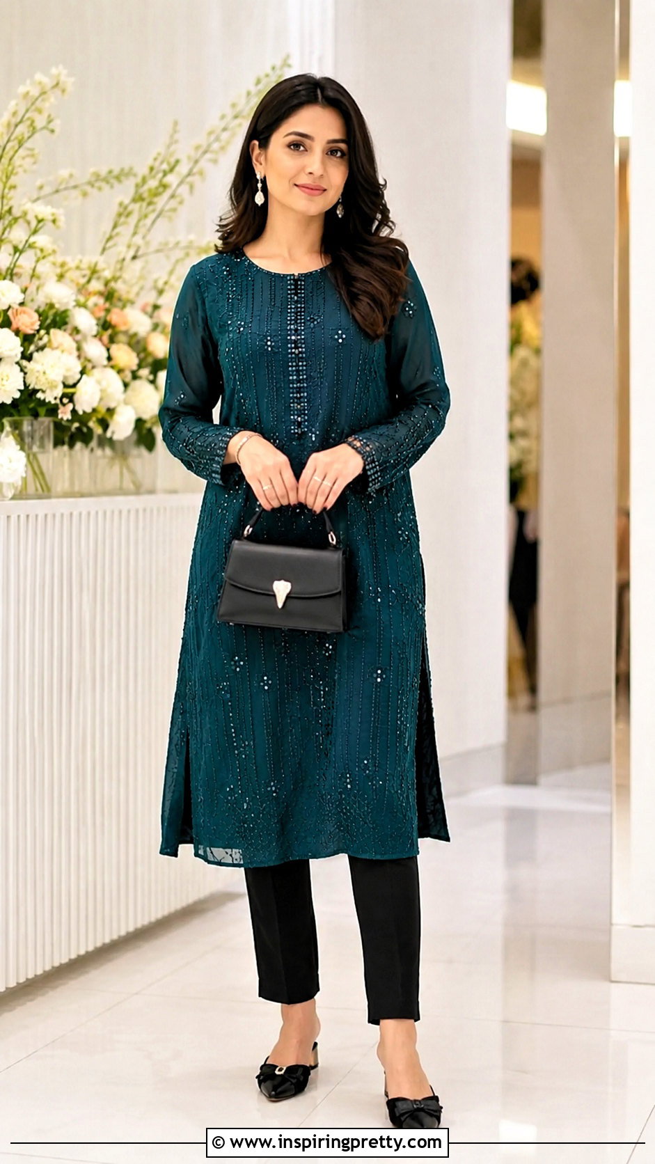 Beaded Tunic Top With Cigarette Pants - 25 Beaded Embellished Top outfit ideas