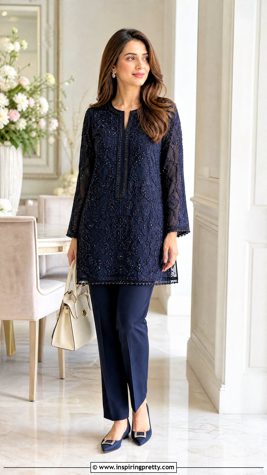 Beaded Tunic Top With Slim Trousers - 50 beaded tops outfit ideas