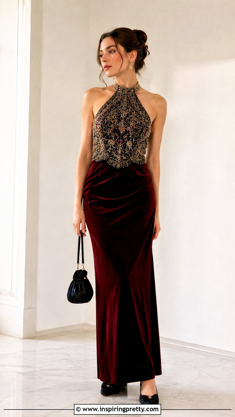 Beaded Vintage Halter Top With Velvet Maxi Skirt - 50 vintage halter top outfit ideas