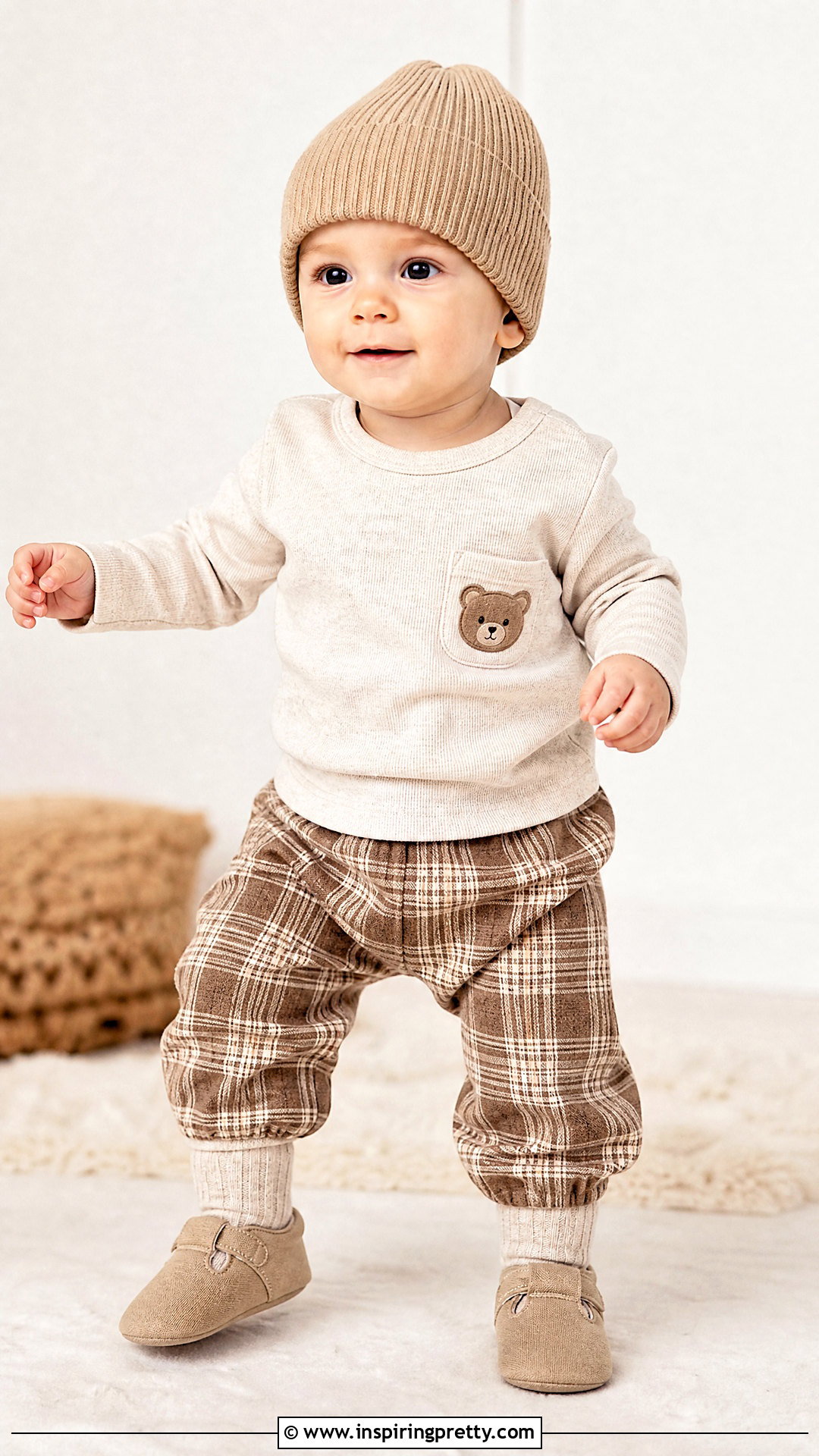 Bear Pocket Baby Top With Plaid Pants - 50 baby tops designs