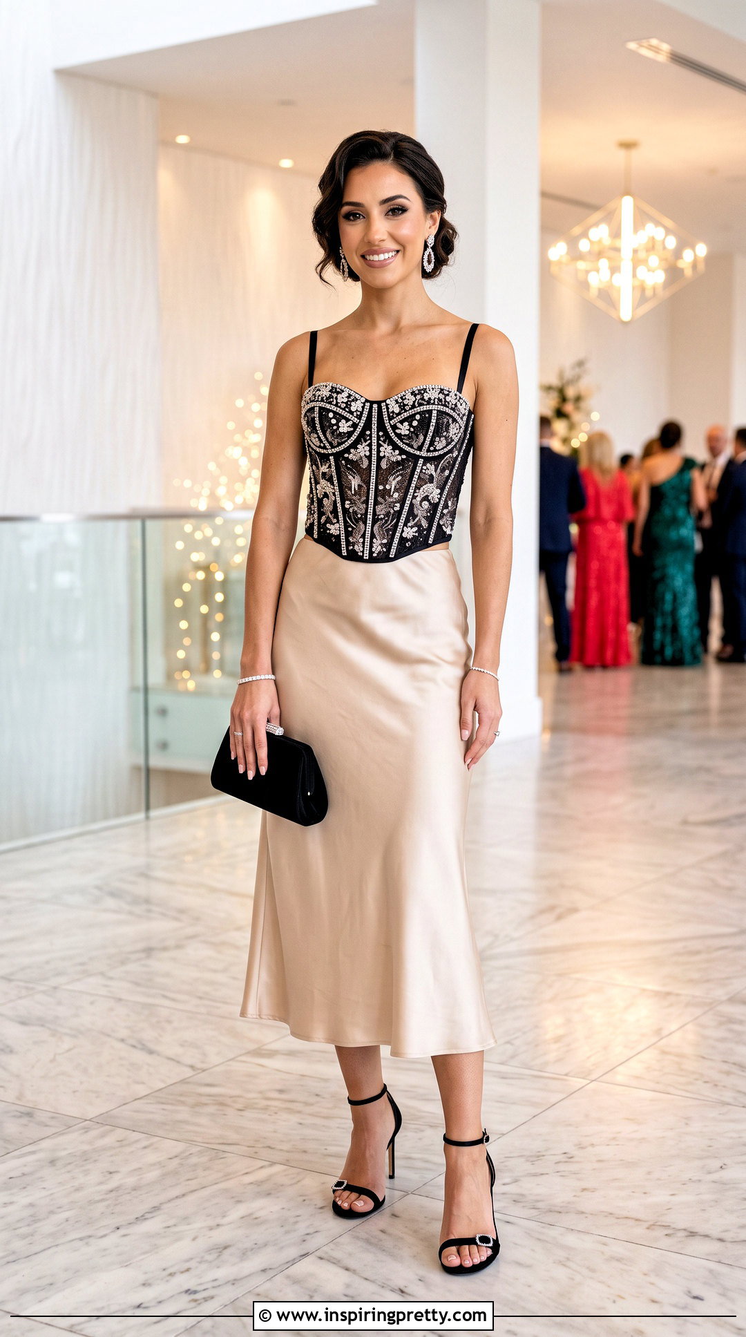 Bedazzled Corset Top With Satin Skirt - 50 bedazzled top outfit ideas