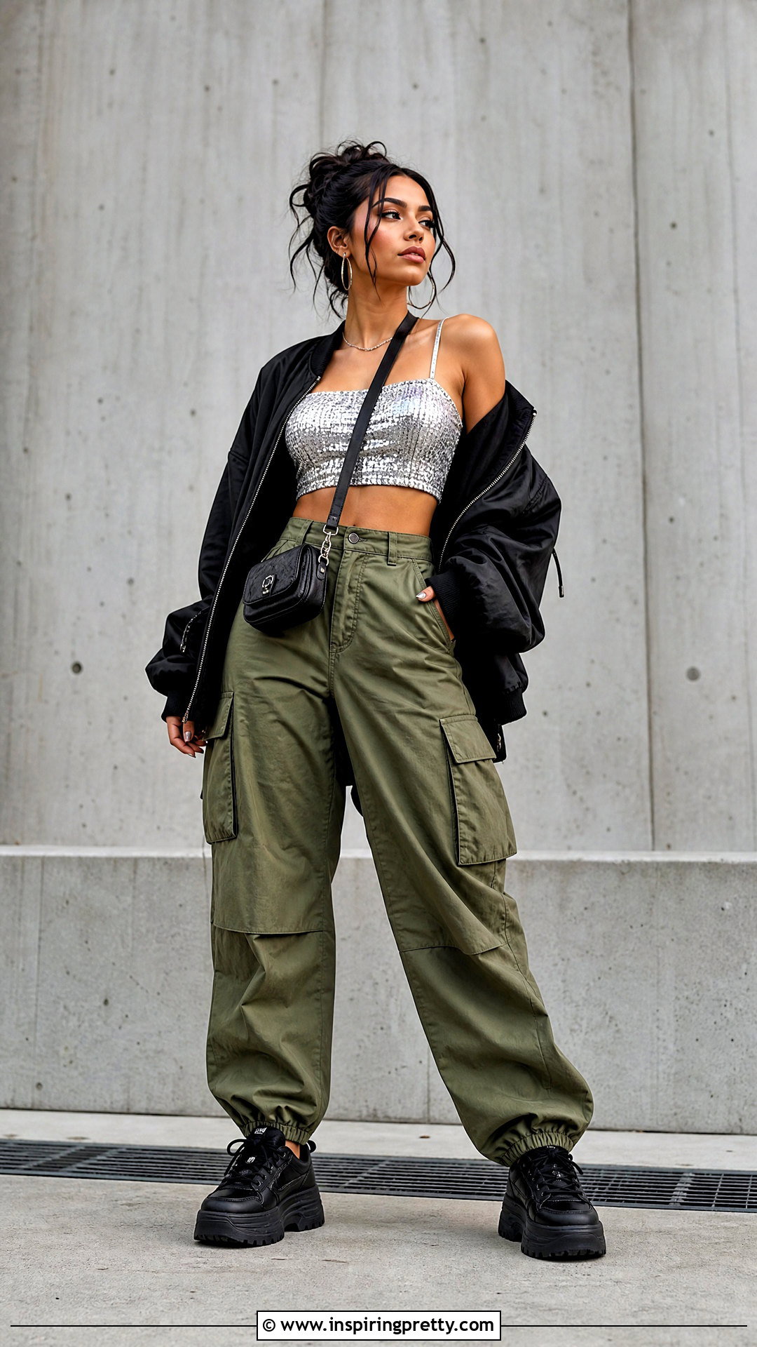 Bedazzled Crop Top With Cargo Pants - 50 bedazzled top outfit ideas