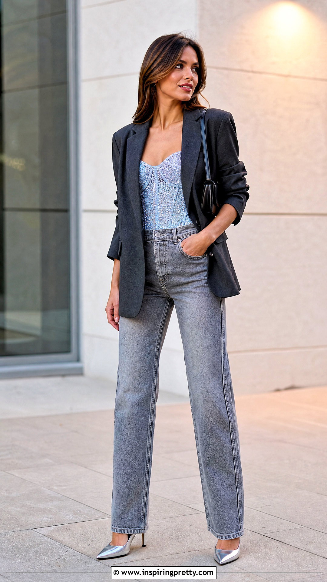 Bedazzled Top With Gray Jeans - 50 bedazzled top outfit ideas