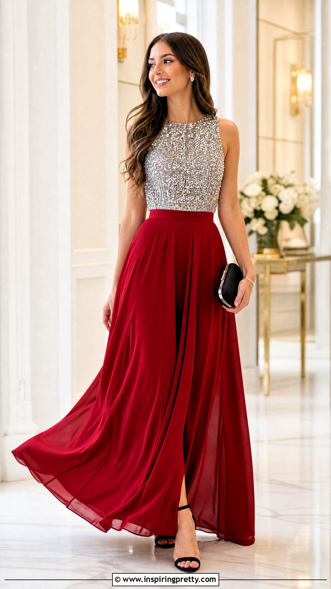 Bedazzled Top With Red Maxi Skirt - 50 bedazzled top outfit ideas