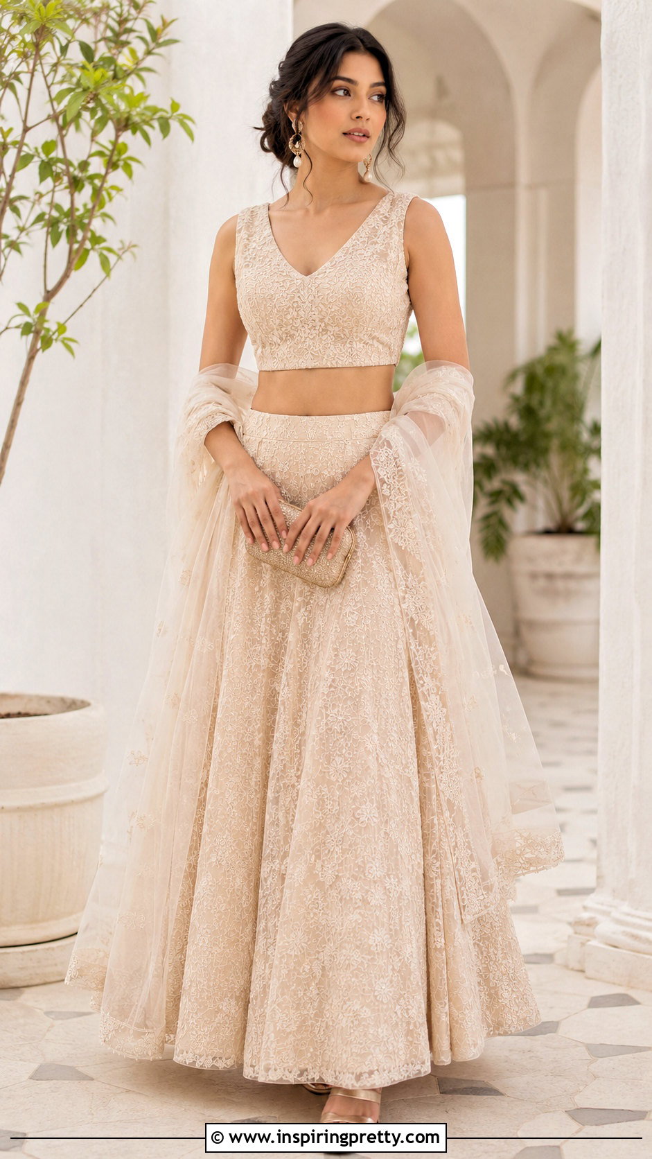 Beige Chikankari Lehenga Crop Top Outfit - 50 party wear lehenga crop tops outfit ideas