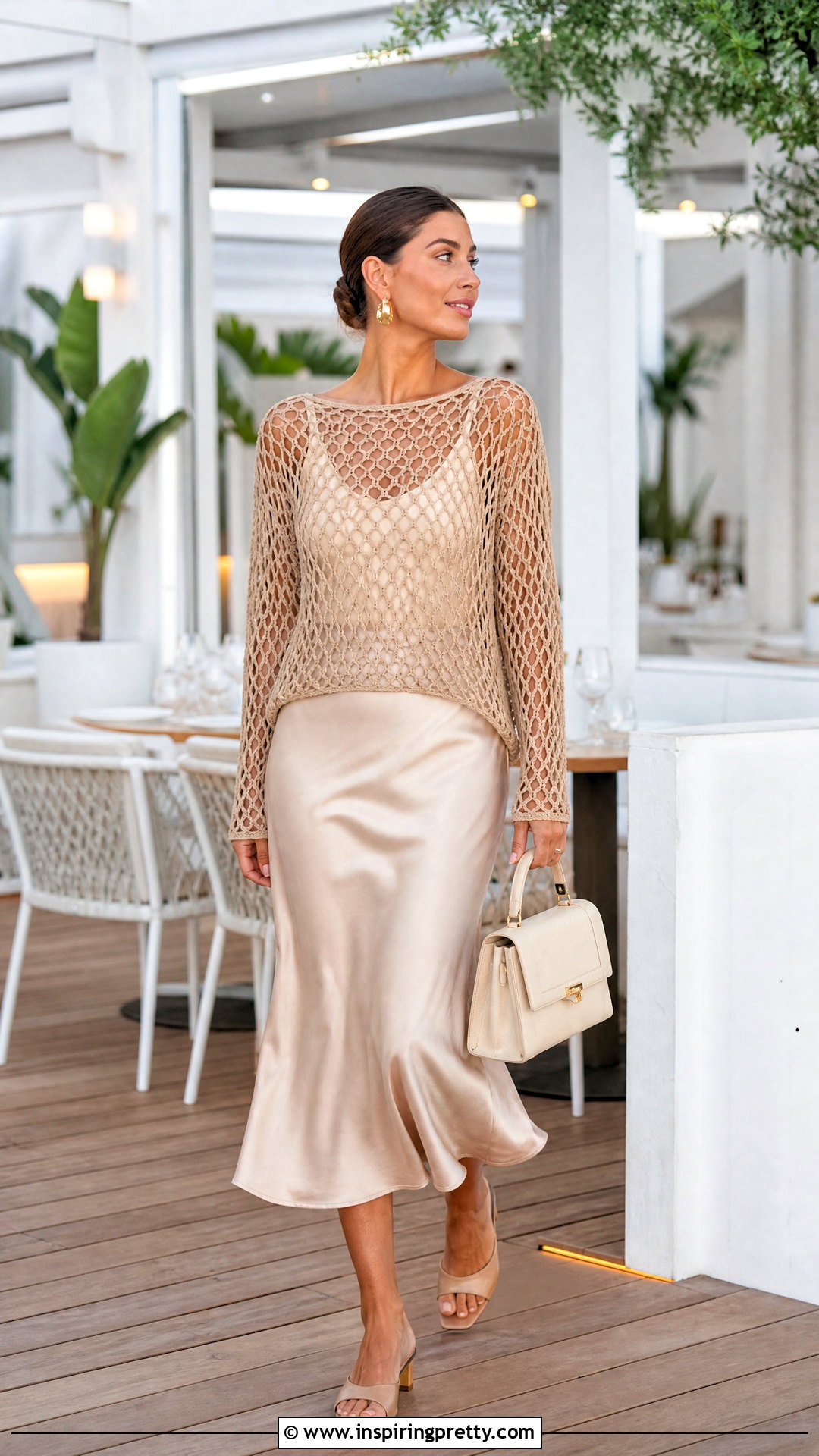Beige Crochet Net Top With Satin Skirt - 50 crochet net top outfit ideas