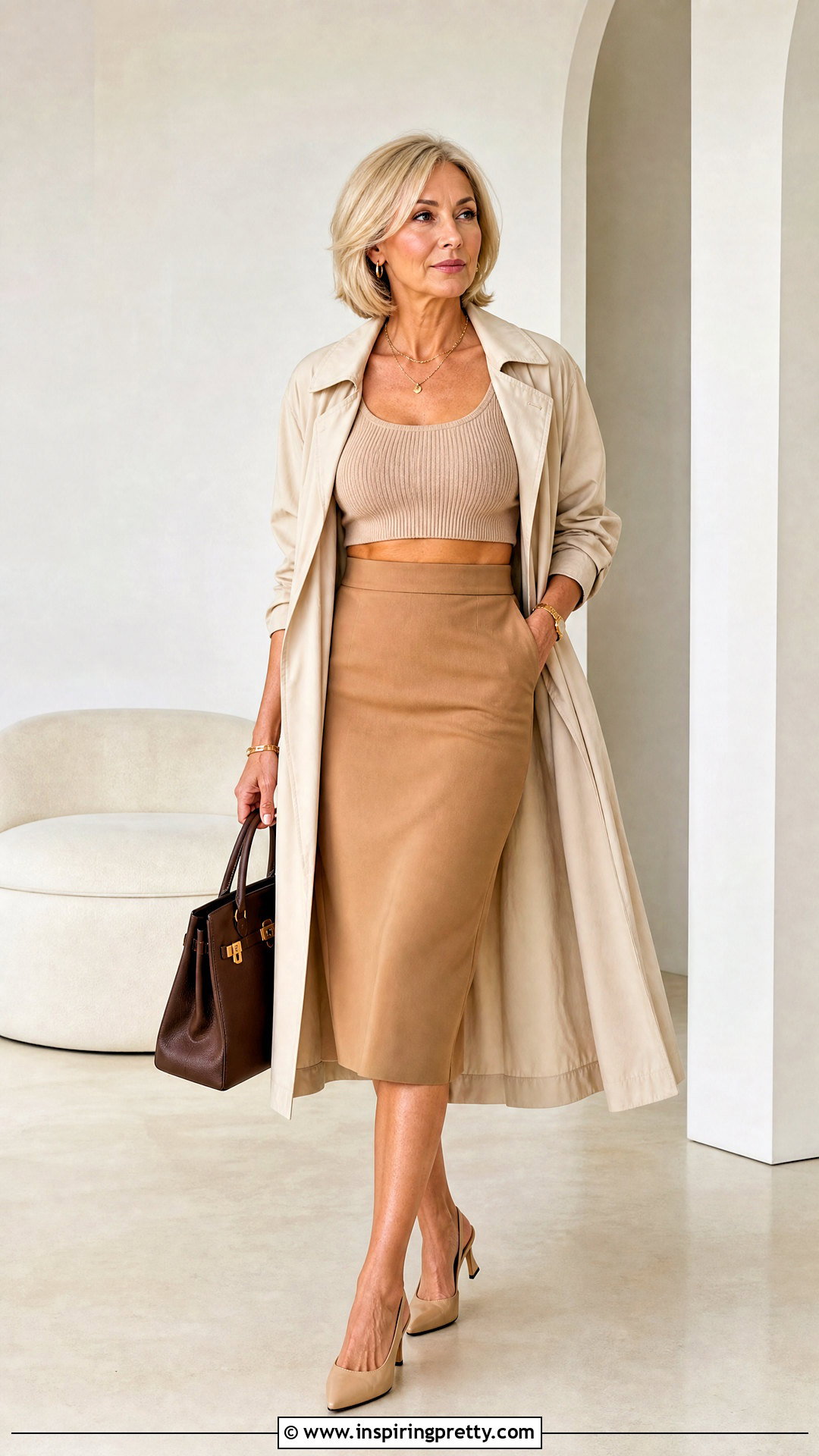Beige Crop Top And Pencil Skirt - 20 crop top and pencil skirt outfit ideas
