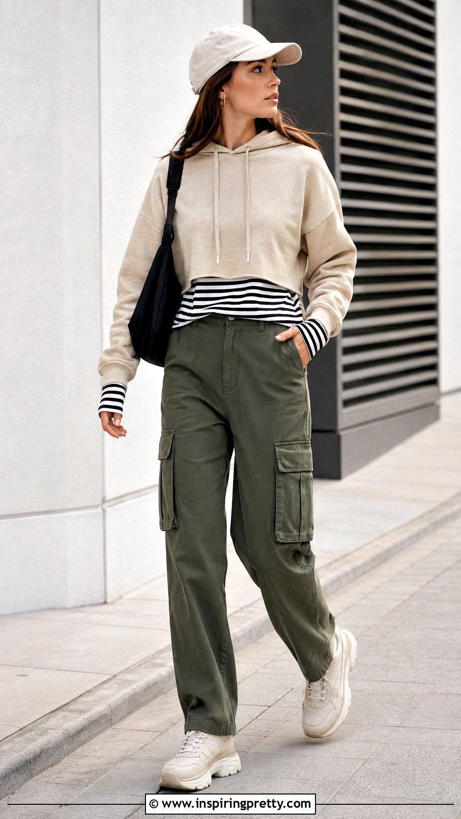 Beige Crop Top Hoodie With Striped Shirt And Cargo Pants - 20 crop top hoodie with shirt underneath outfit ideas