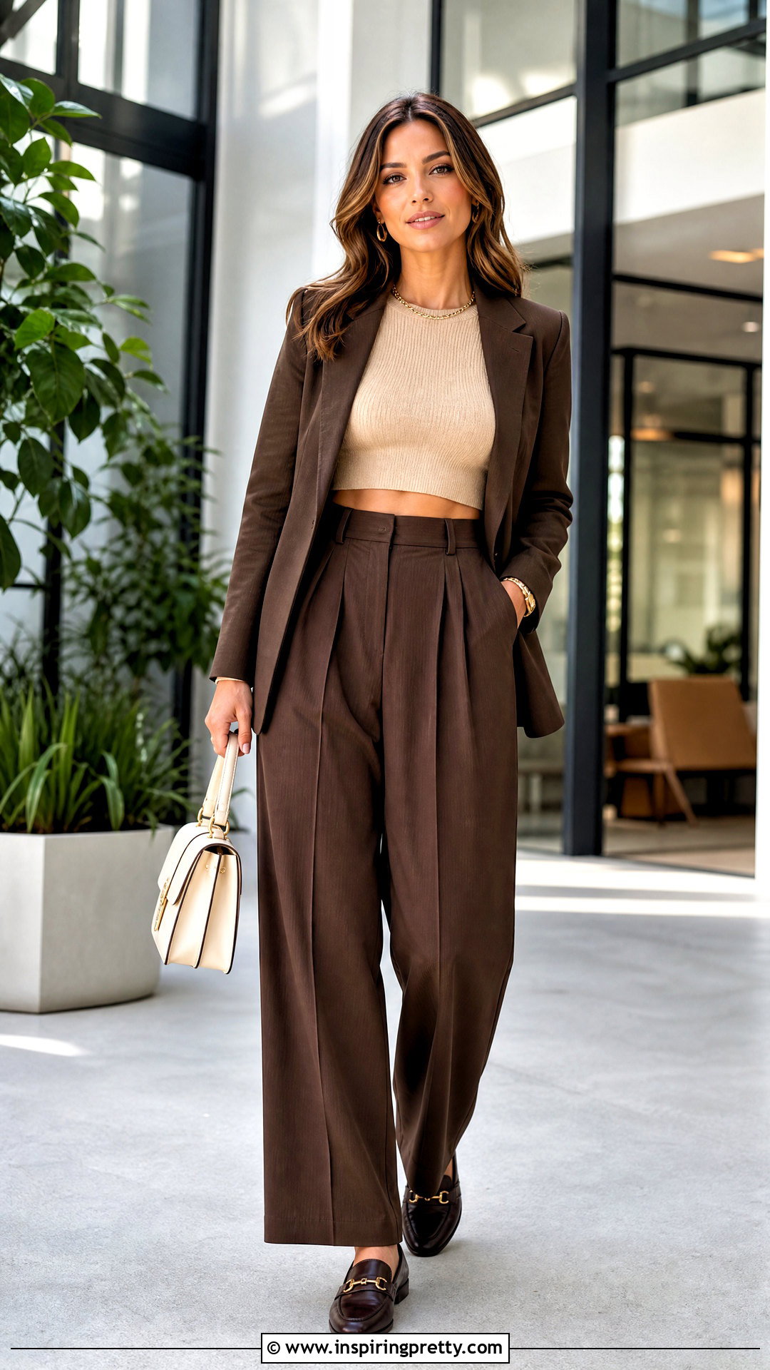 Beige Crop Top With Brown Tailored Trousers - 20 Beige Crop Top Fashion ideas