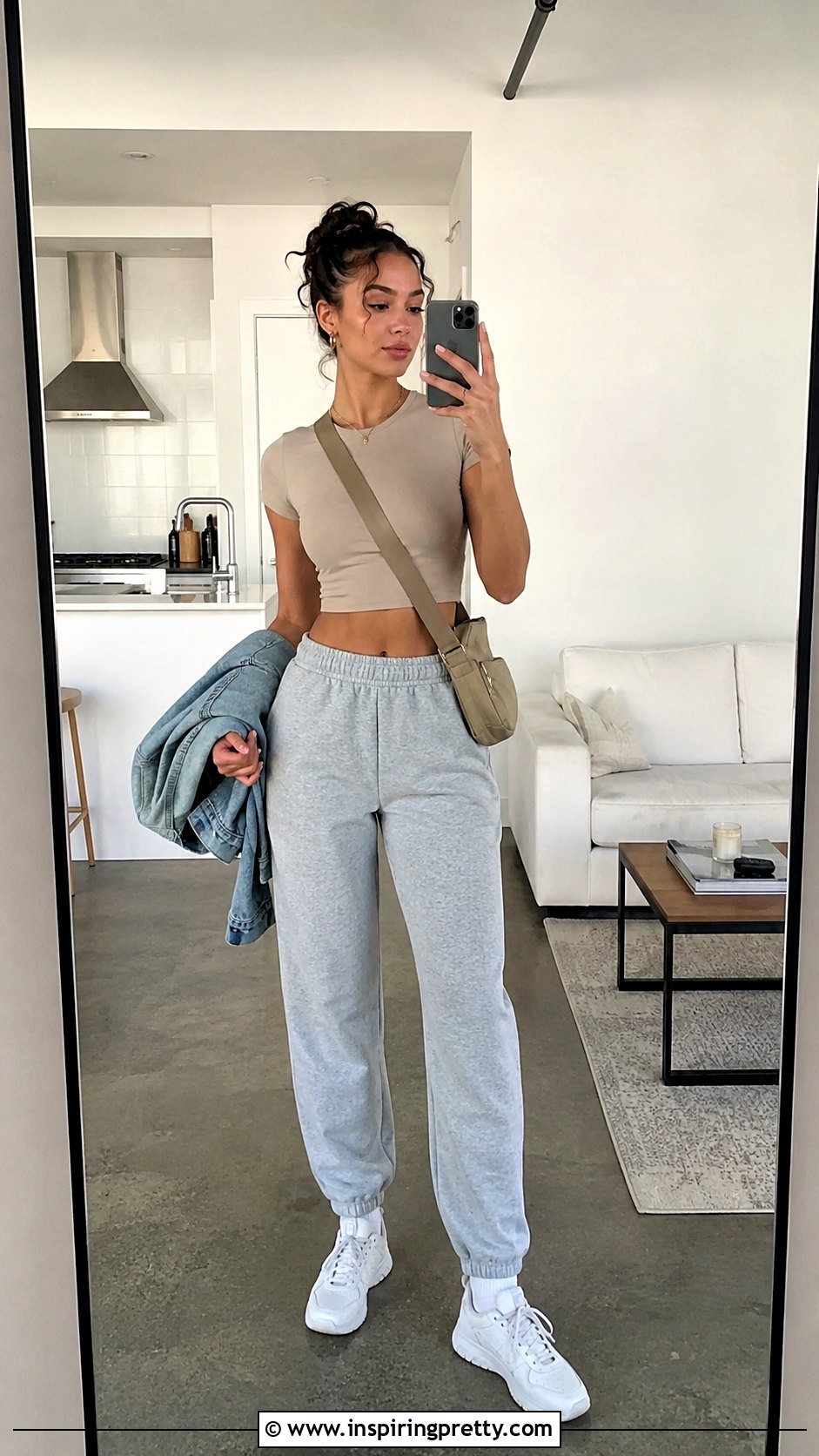 Beige Crop Top With Gray Sweatpants - 20 beige crop top style outfit ideas