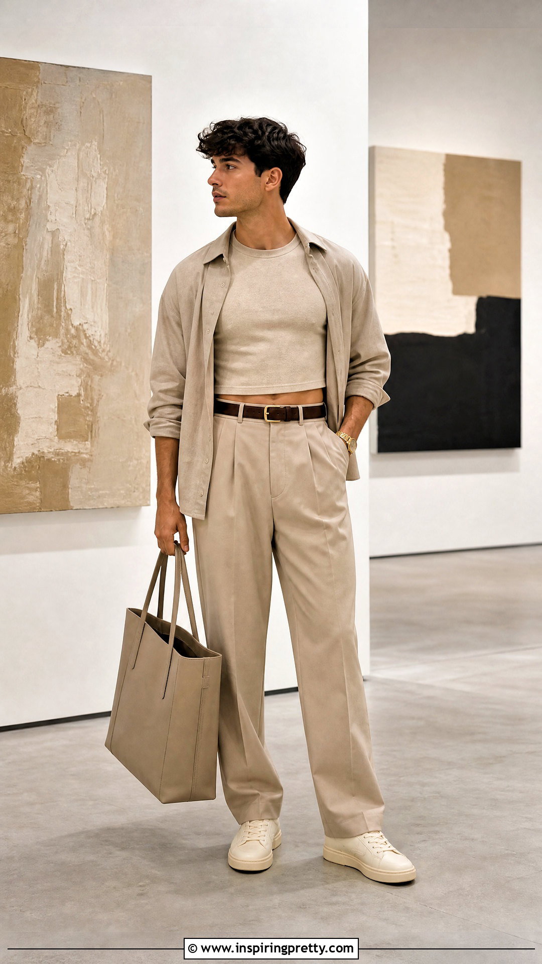 Beige Crop Top With Matching Trousers - 50 male crop top outfit ideas