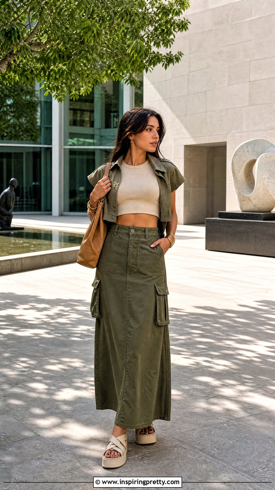 Beige Crop Top With Olive Cargo Skirt - 20 Beige Crop Top Fashion ideas