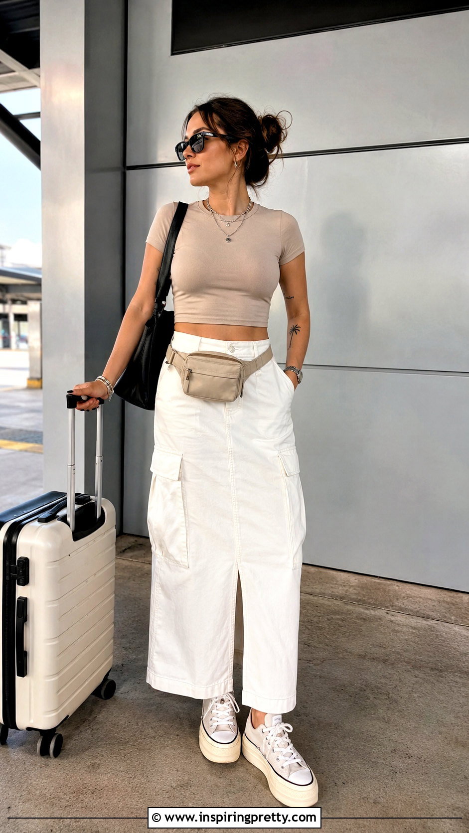 Beige Crop Top With White Cargo Skirt - 20 beige crop top style outfit ideas