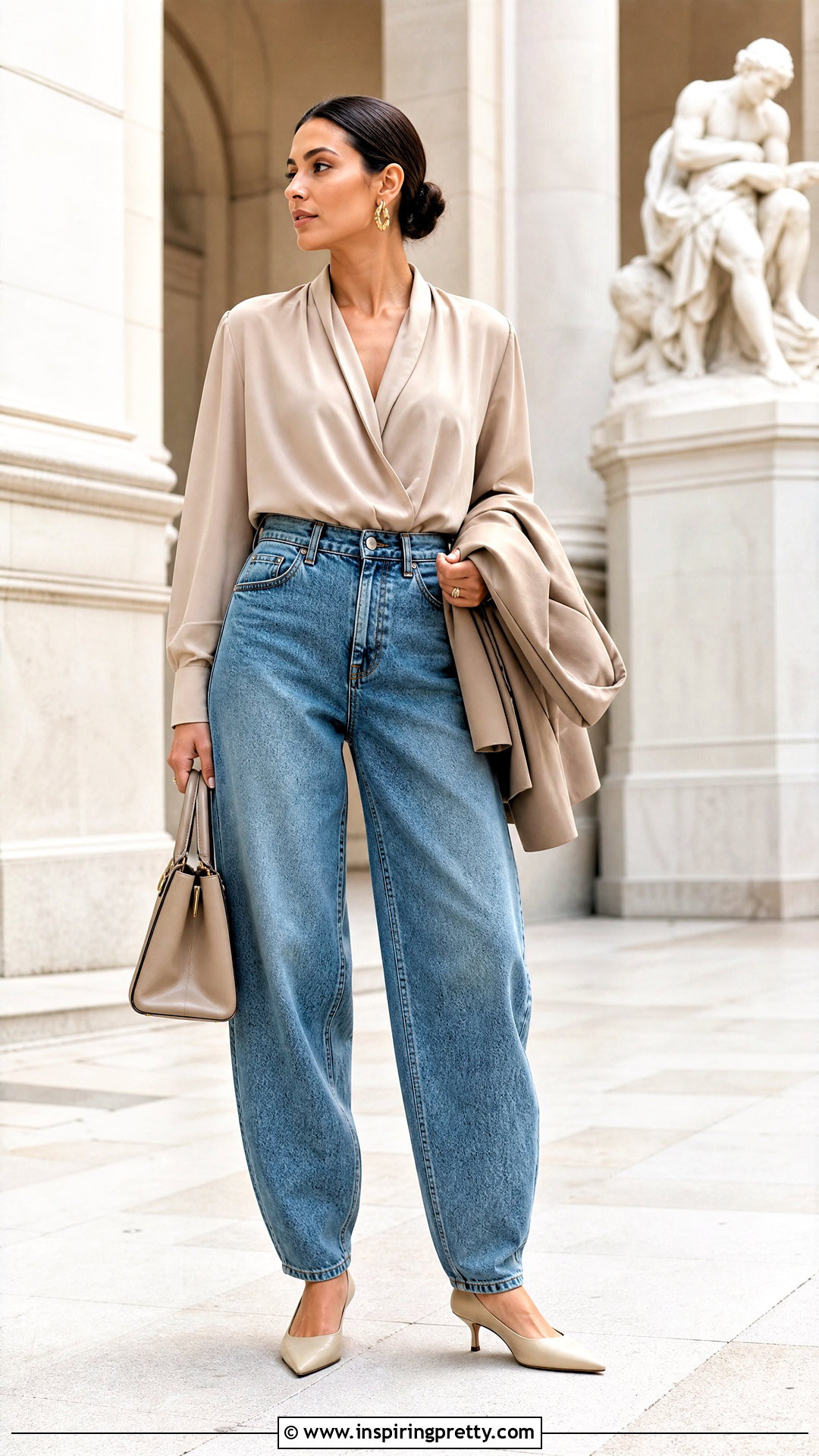 Beige Draped Blouse With Barrel Jeans - 50 beige top and jeans outfit ideas