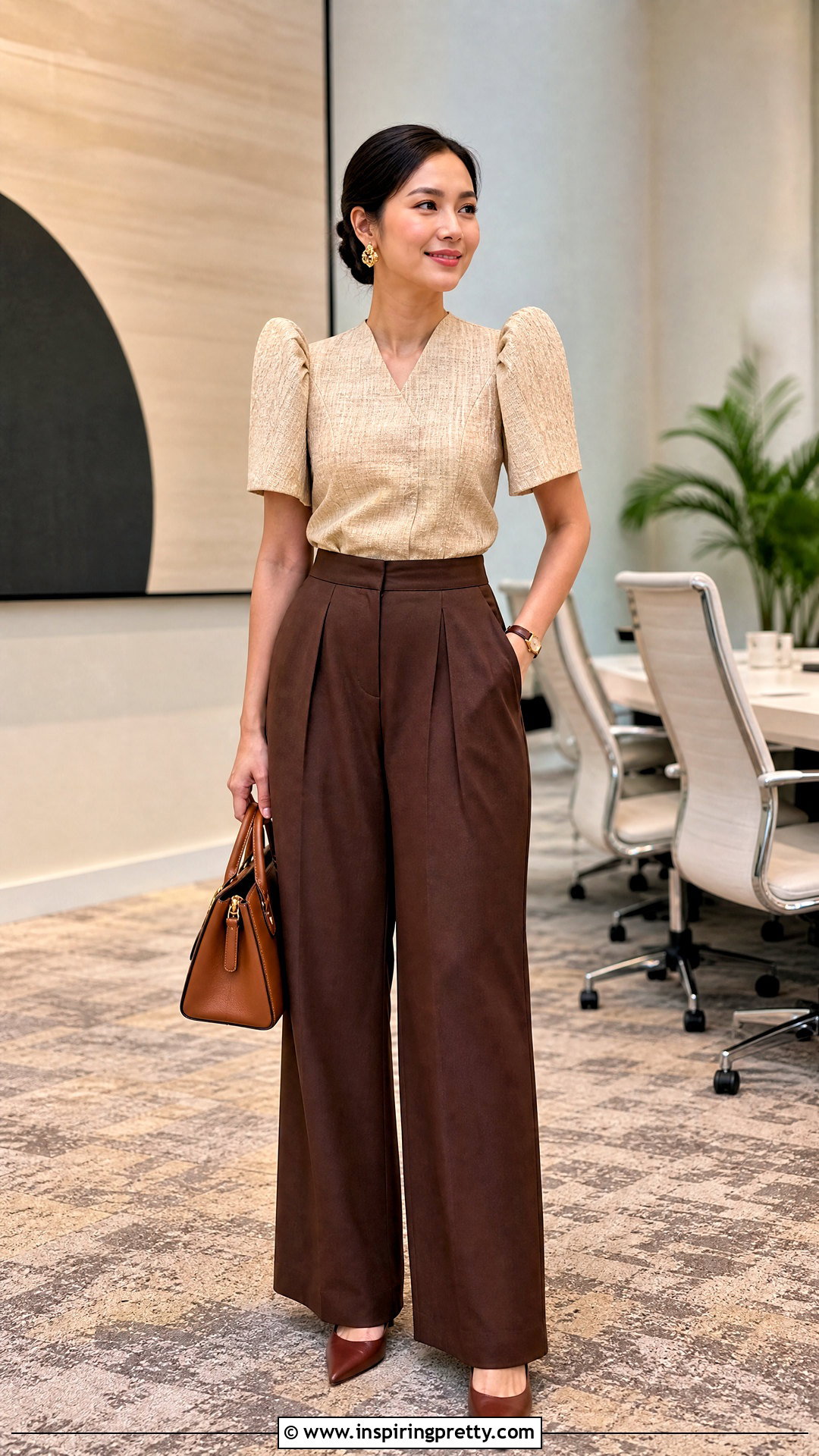 Beige Filipiniana Top With Brown Trousers - 50 filipiniana top outfit ideas