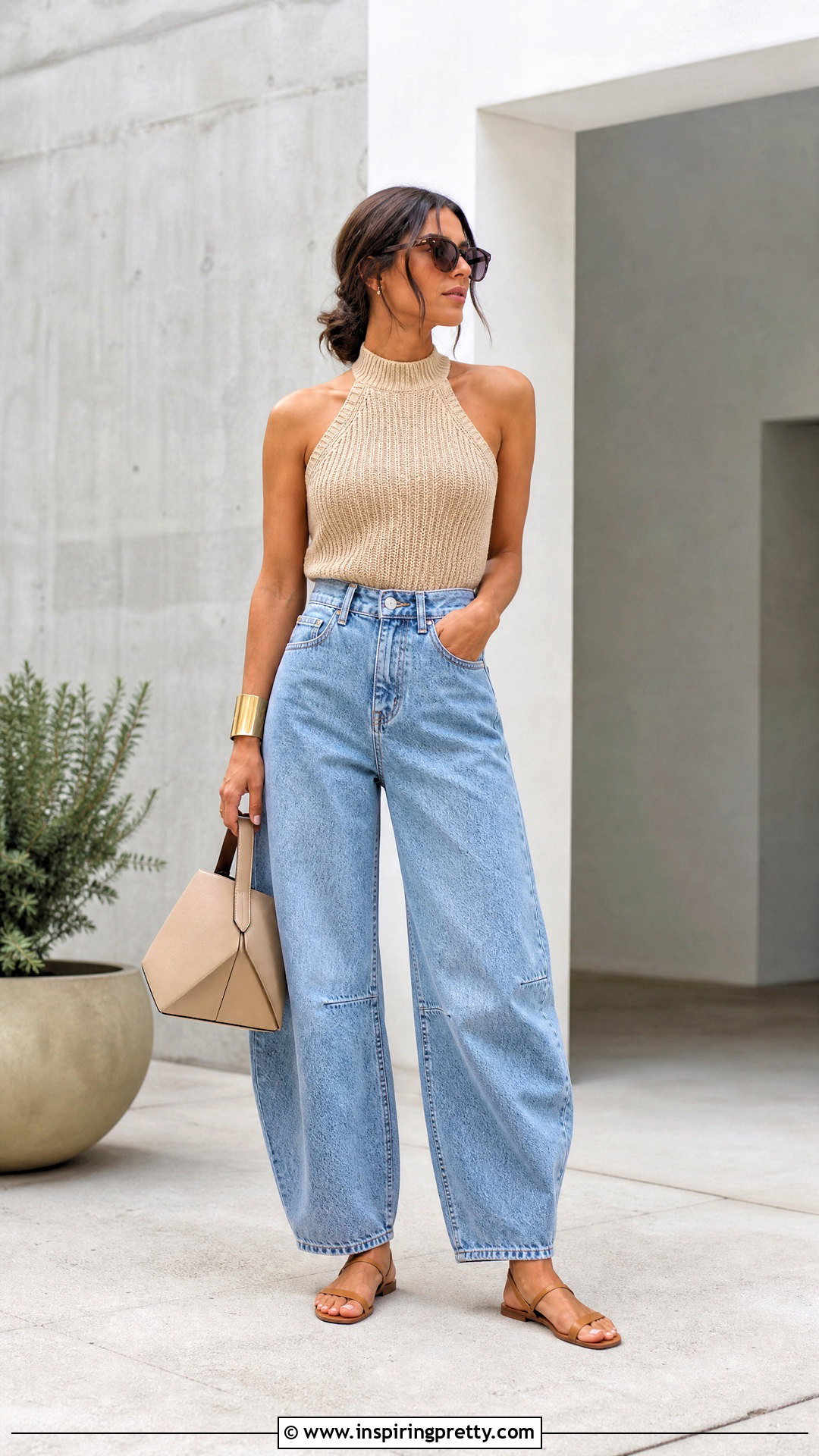 Beige Halter Top With Barrel Jeans - 50 beige top and jeans outfit ideas